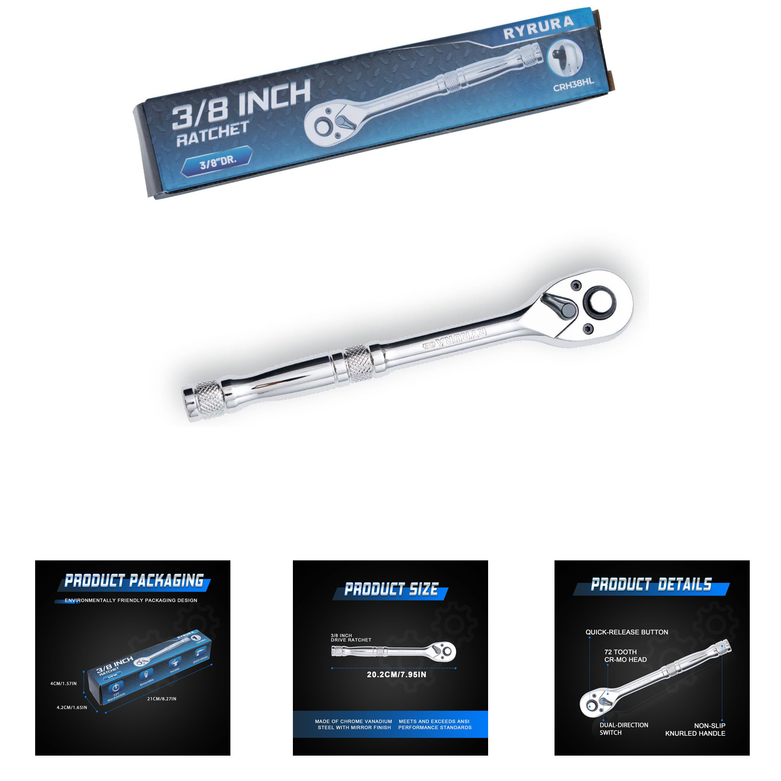 3/8 Inch Drive Ratchet Wrench Chrome Vanadium 72-Tooth Quick Release Reversible