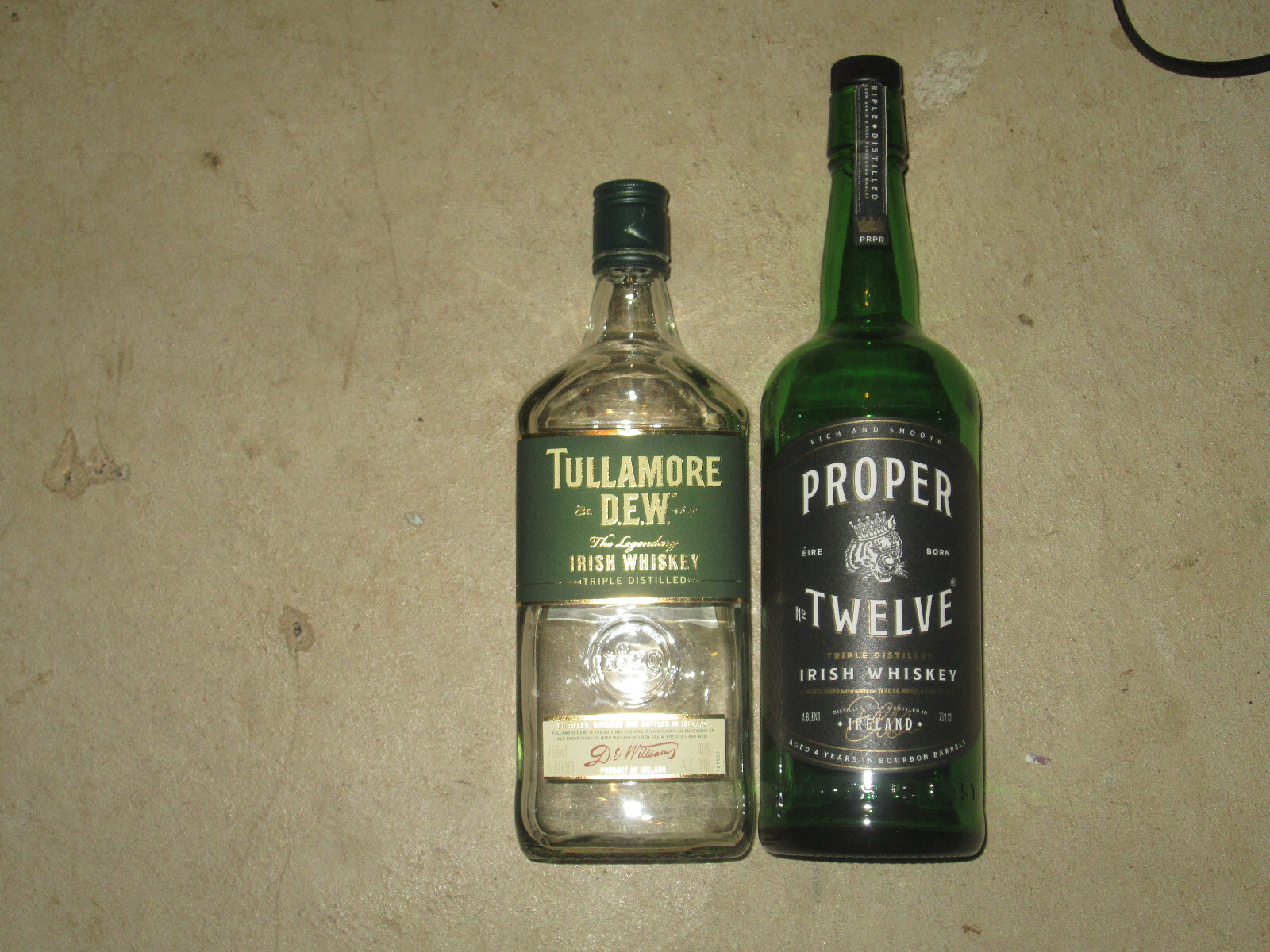 2 empty tellamore dew+ proper 12 irish wiskey bottles crafts decor