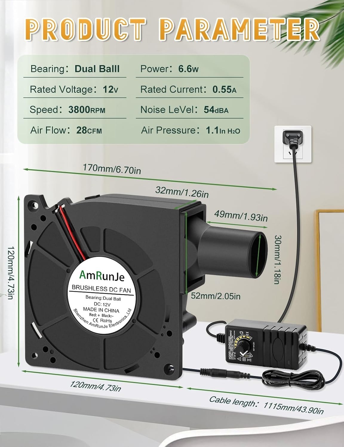 120mm BBQ 12V Blower Fan with 110v-240v AC Plug Variable Speed Controller, Sq...