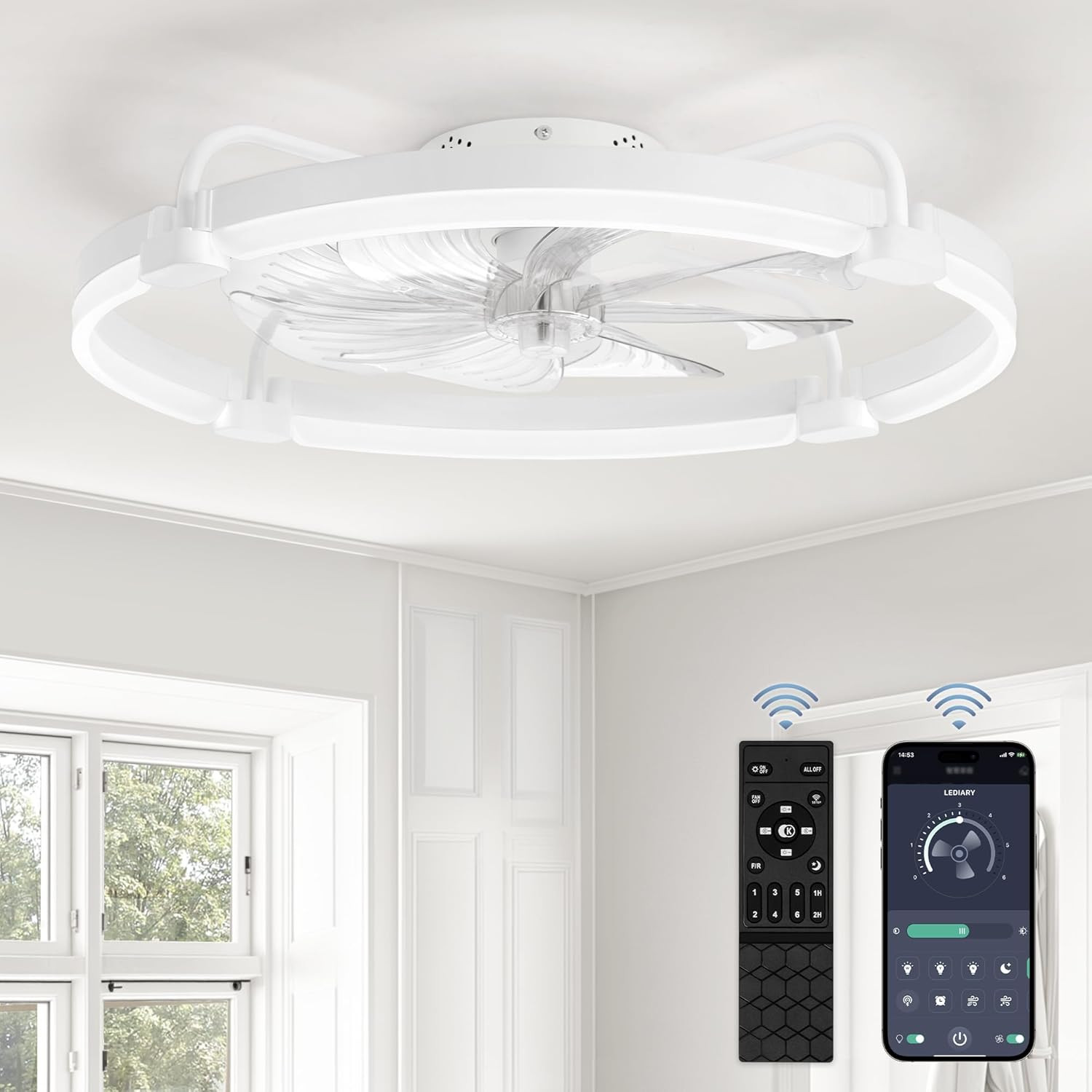 Modern 24'' Ceiling Fan with Lights & Remote, Dimmable LED, 6 Speeds, White