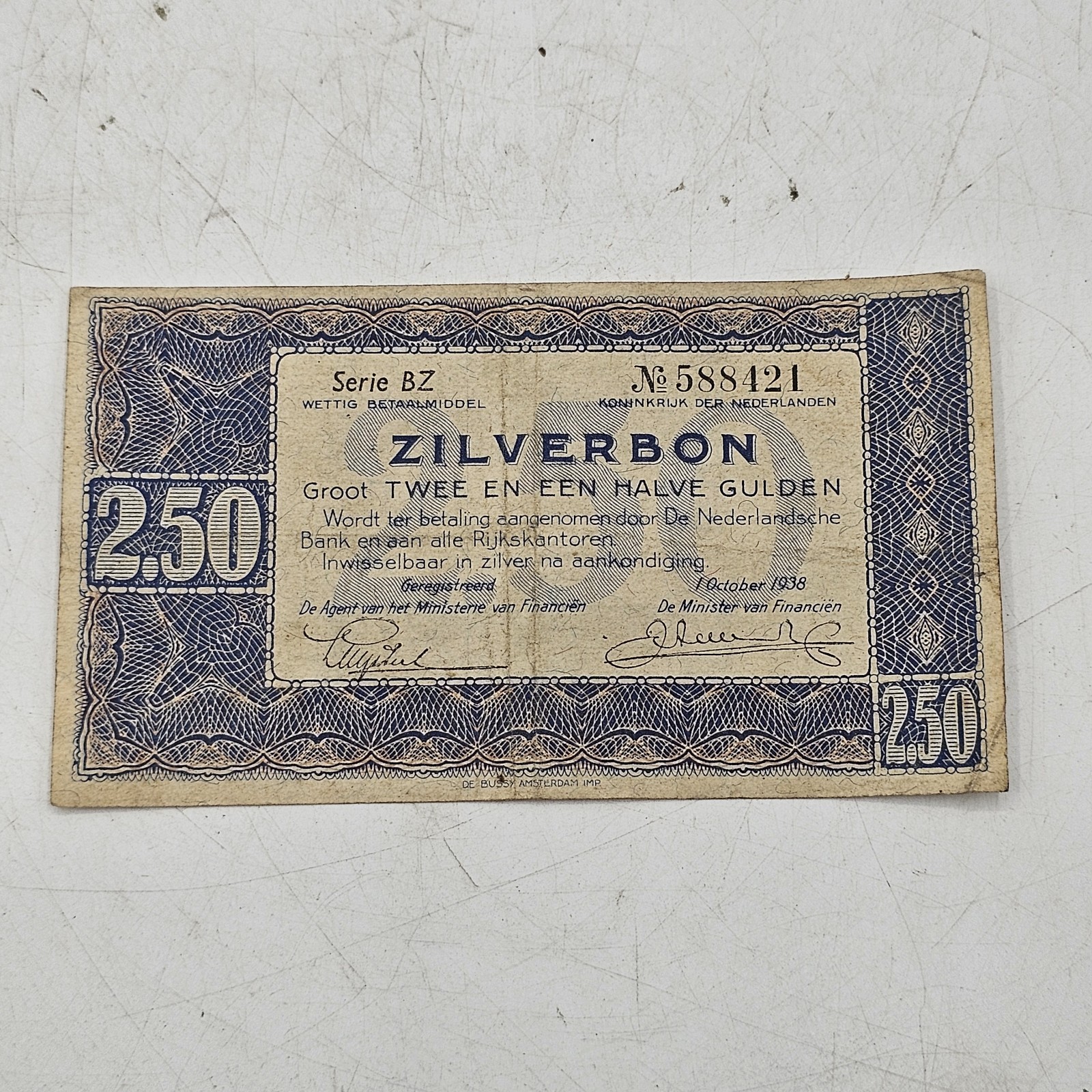 Vintage Netherlands 2½ Gulden Silver Voucher October 1938