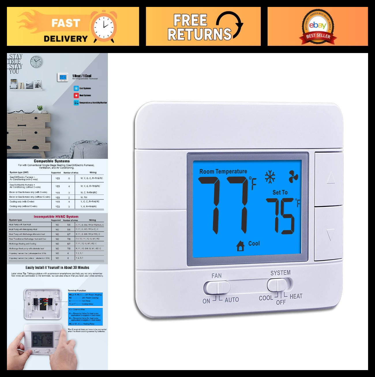 Digital Non-Programmable Thermostat for Home - 1 Heat/1 Cool, Temp & Humidity Mo