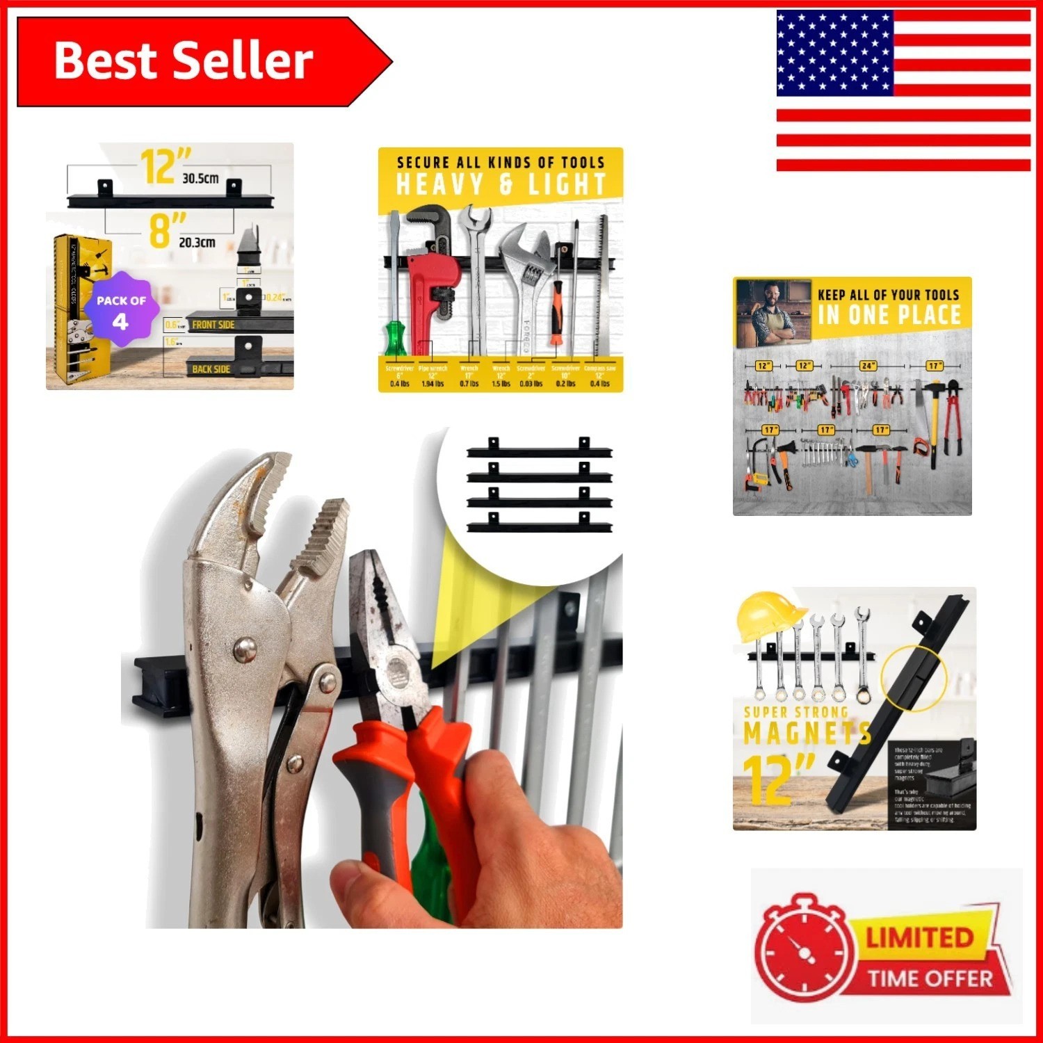12" Heavy-Duty Magnetic Tool Holders 4 Pack - Organize with Style & Strength
