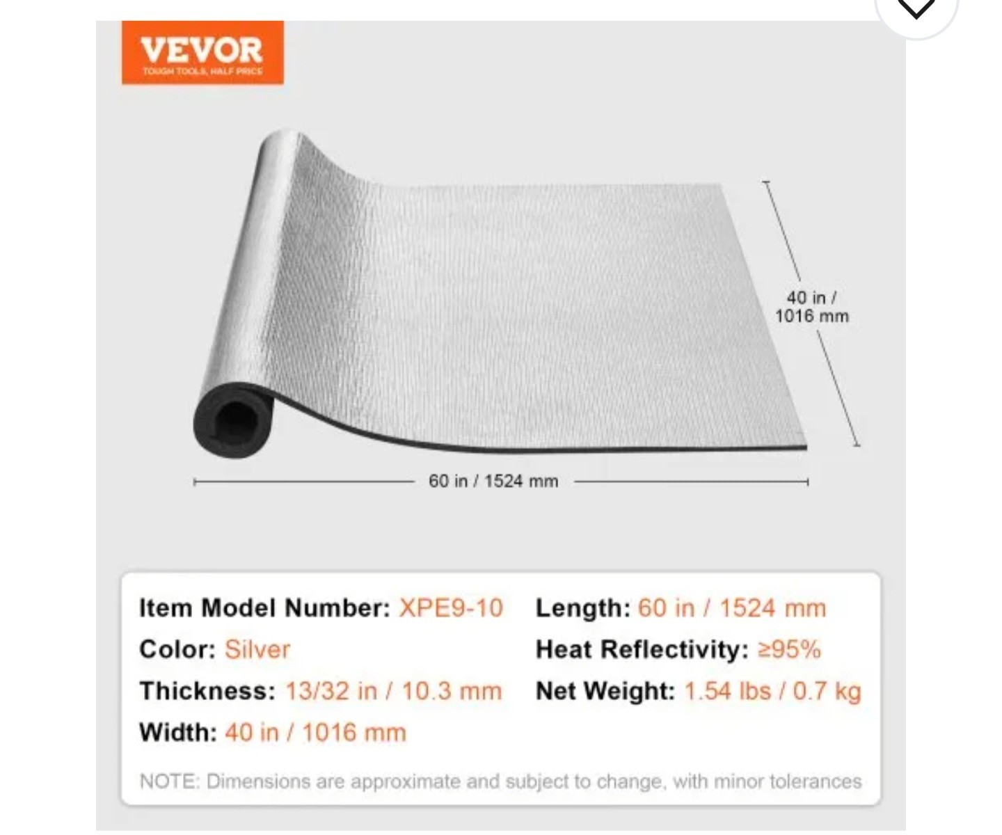 Vevor Reflective Insulation Roll Foam Core Radiant Barrier 40x60x13/32