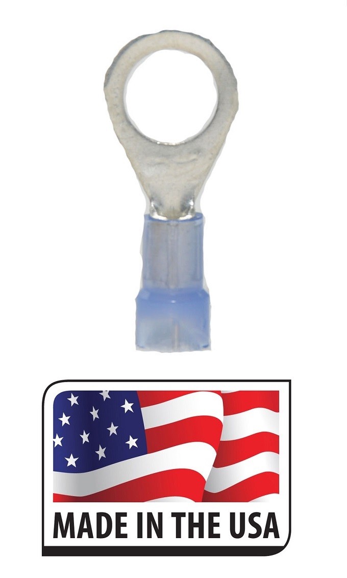 (100) 16-14 BLUE NYLON 3/8 RING TERMINAL ELECTRICAL CONNECTOR MADE IN USA 14-16
