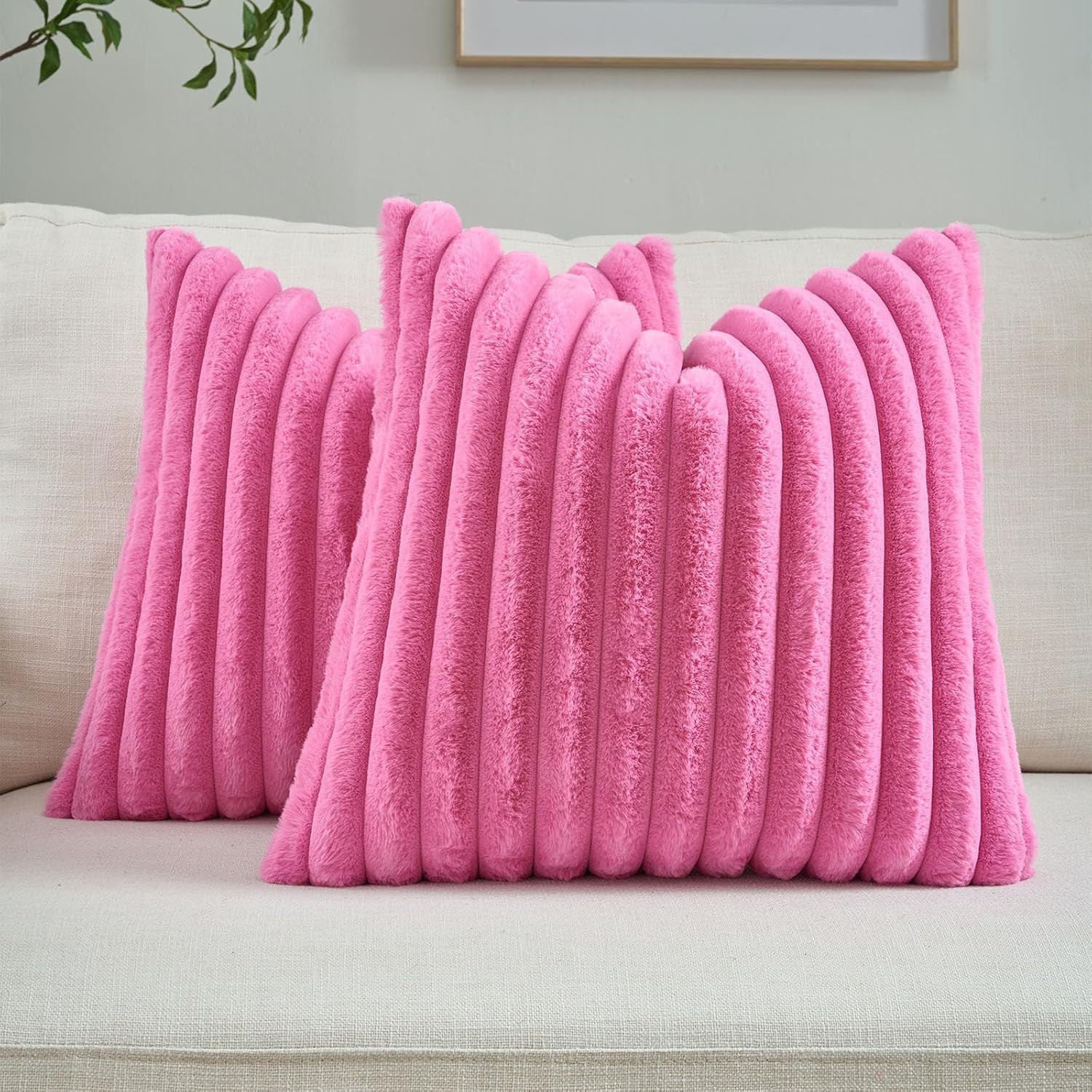 Pack of 2 Solid Faux Fur Plush Throw Pillow Covers 20X20 Inch Soft Fluffy Stripe