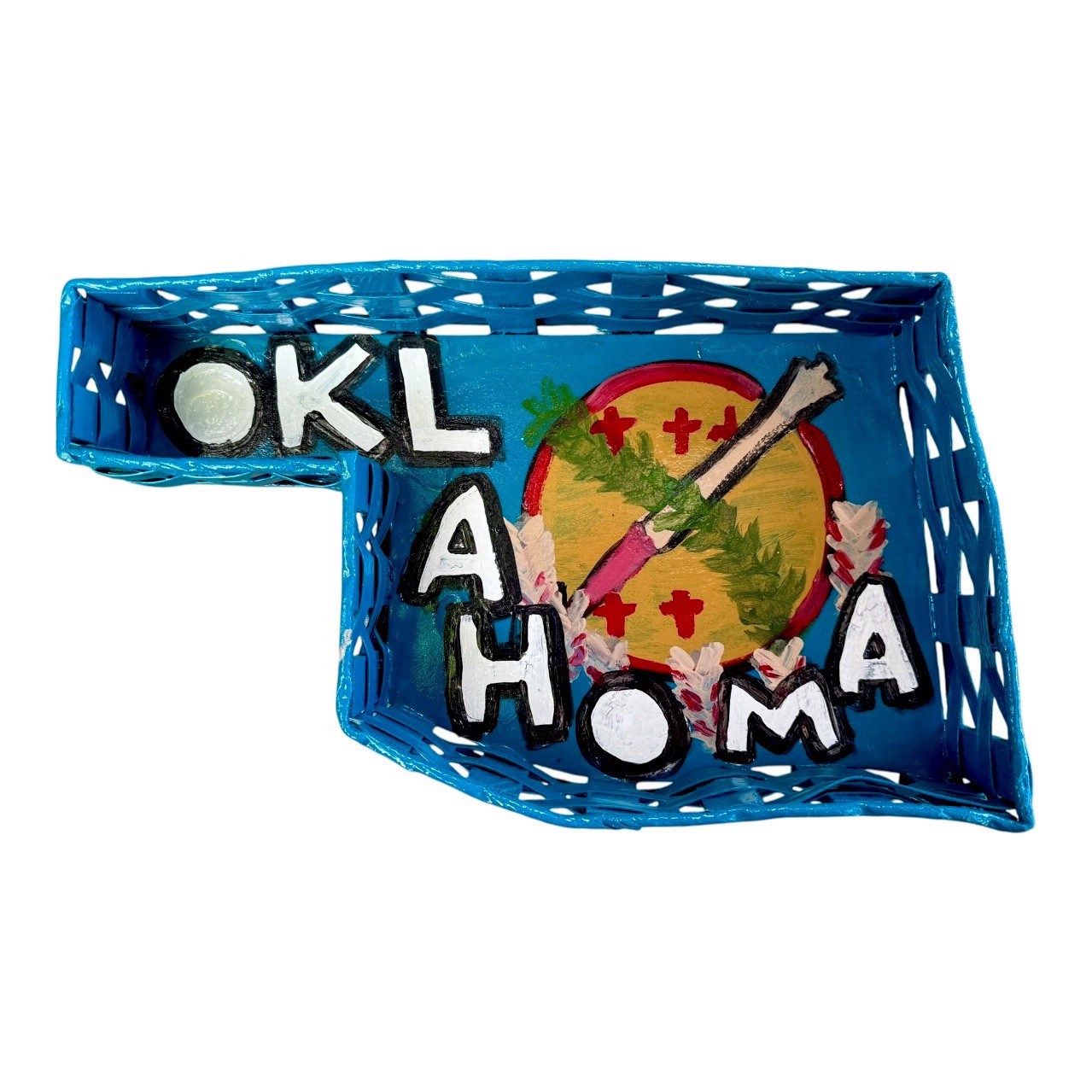 Hand Painted, American Folk Art, State of Oklahoma Woven Basket, in State Colors