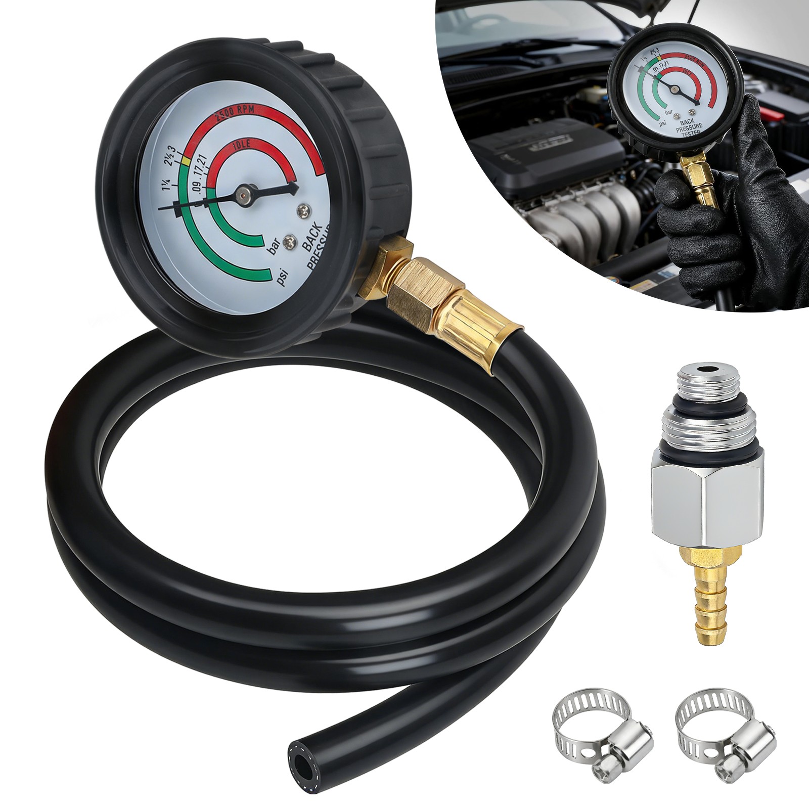 Car Exhaust Back Pressure Tester Gauge  w/ M12 M18 Adapters for Auto Diagnostics