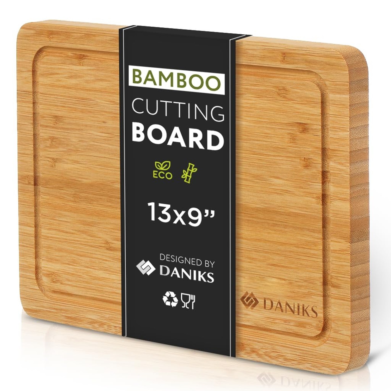 Daniks Bamboo Cutting Board, L 13x9 in, Pre‑Oiled, with Juice Groove ̵