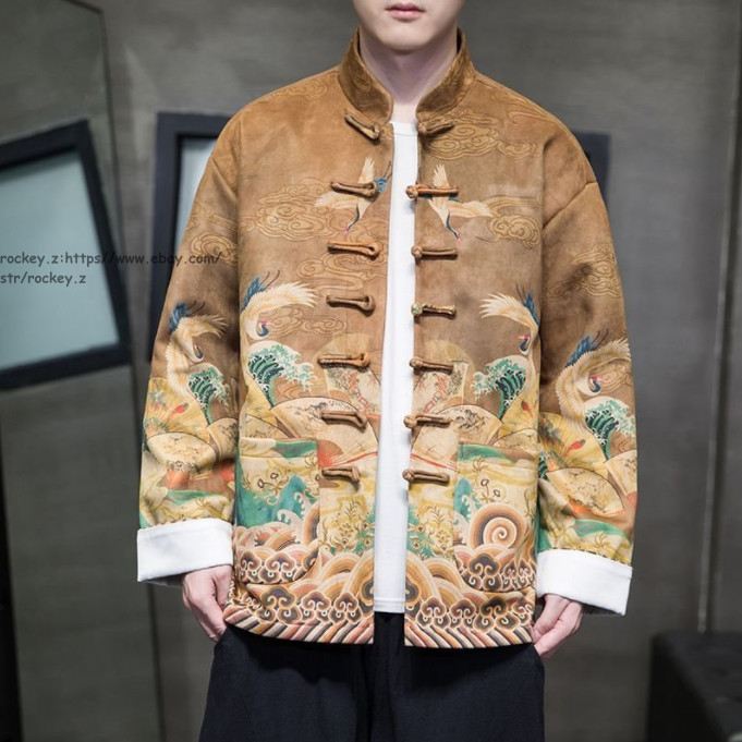 New Men's Tang Suit Chinese Style Floral Jacket Long sleeve buckle Coats Han FU