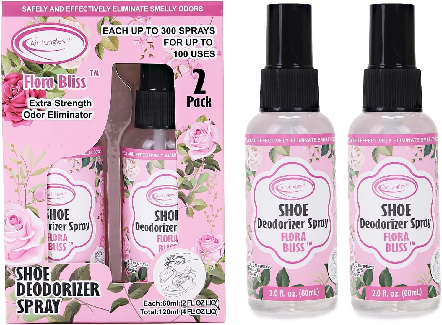 Shoe Deodorizer Spray, Shoe Odor Eliminator Flora Bliss Scent 2 fl oz (2 pk)
