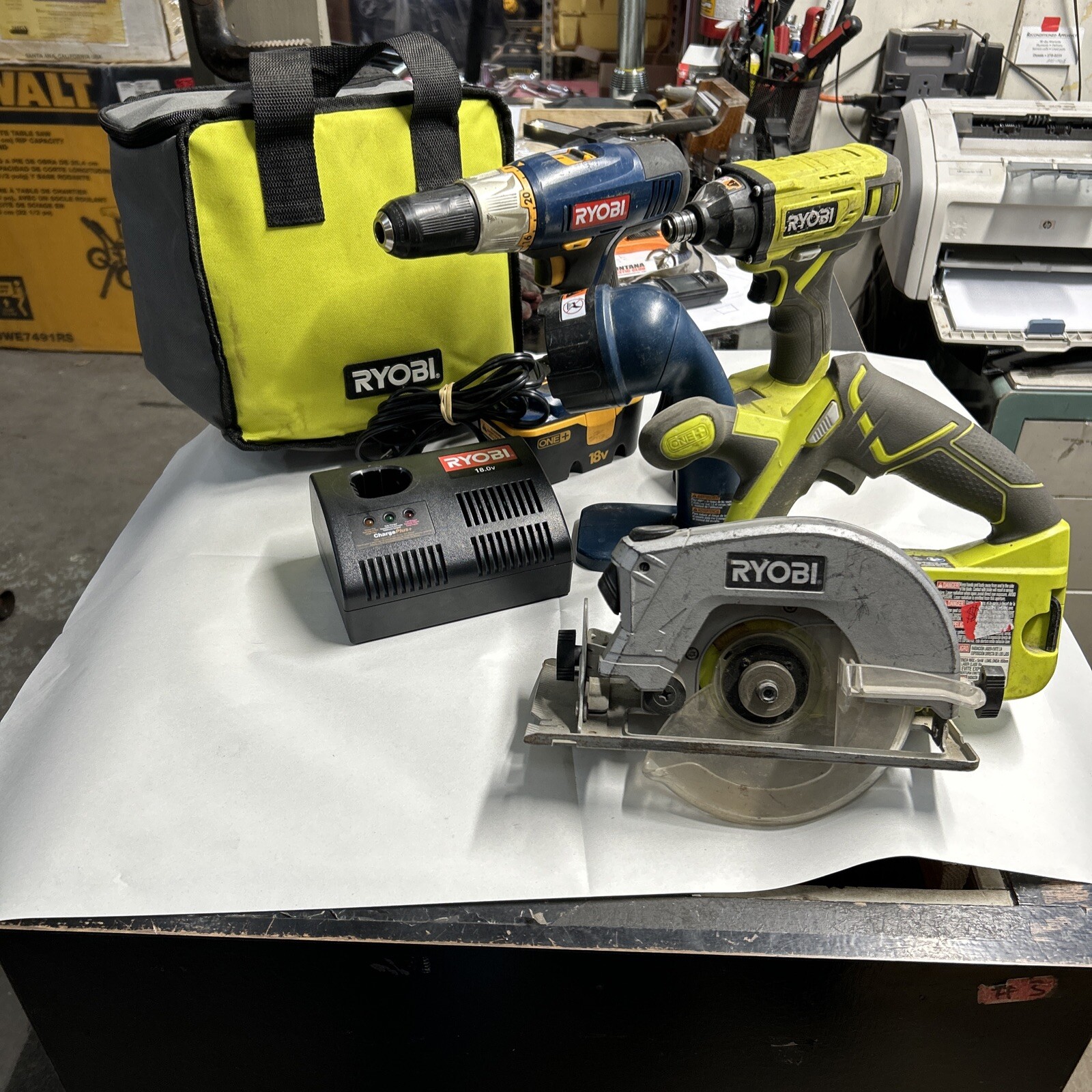 Ryobi Power Tool SET Drill Circular Saw 2 Batteries Charger Bag Impact Light