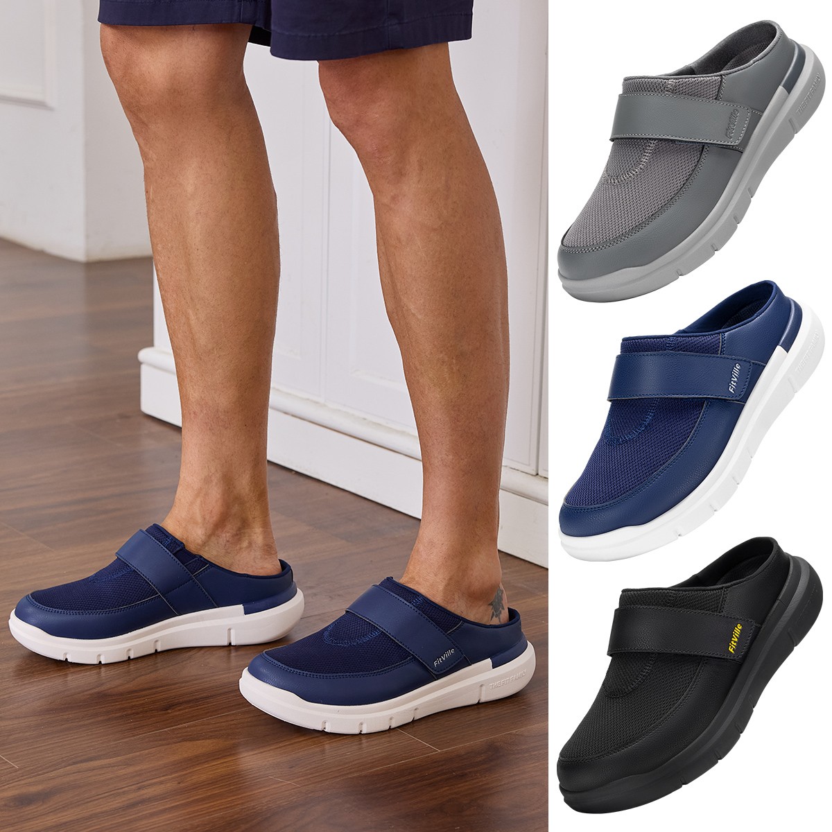 FitVille Mens Wide Slippers Slip-On Mules Clogs for Swollen Feet Indoors Walking