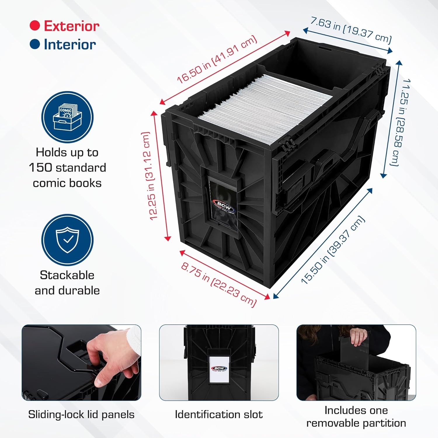 Black Comic Book Storage Bin Box Holds 150 Comics Acid-Free Plastic Stackable