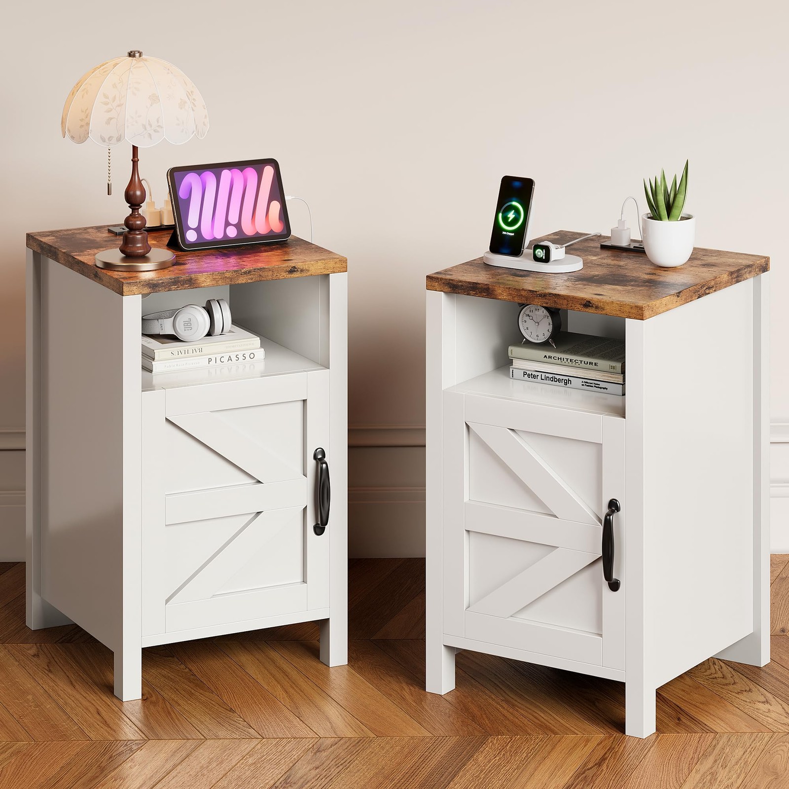 Farmhouse Nightstands with Charging Station, End Tables Set of 2 with Barn Do...
