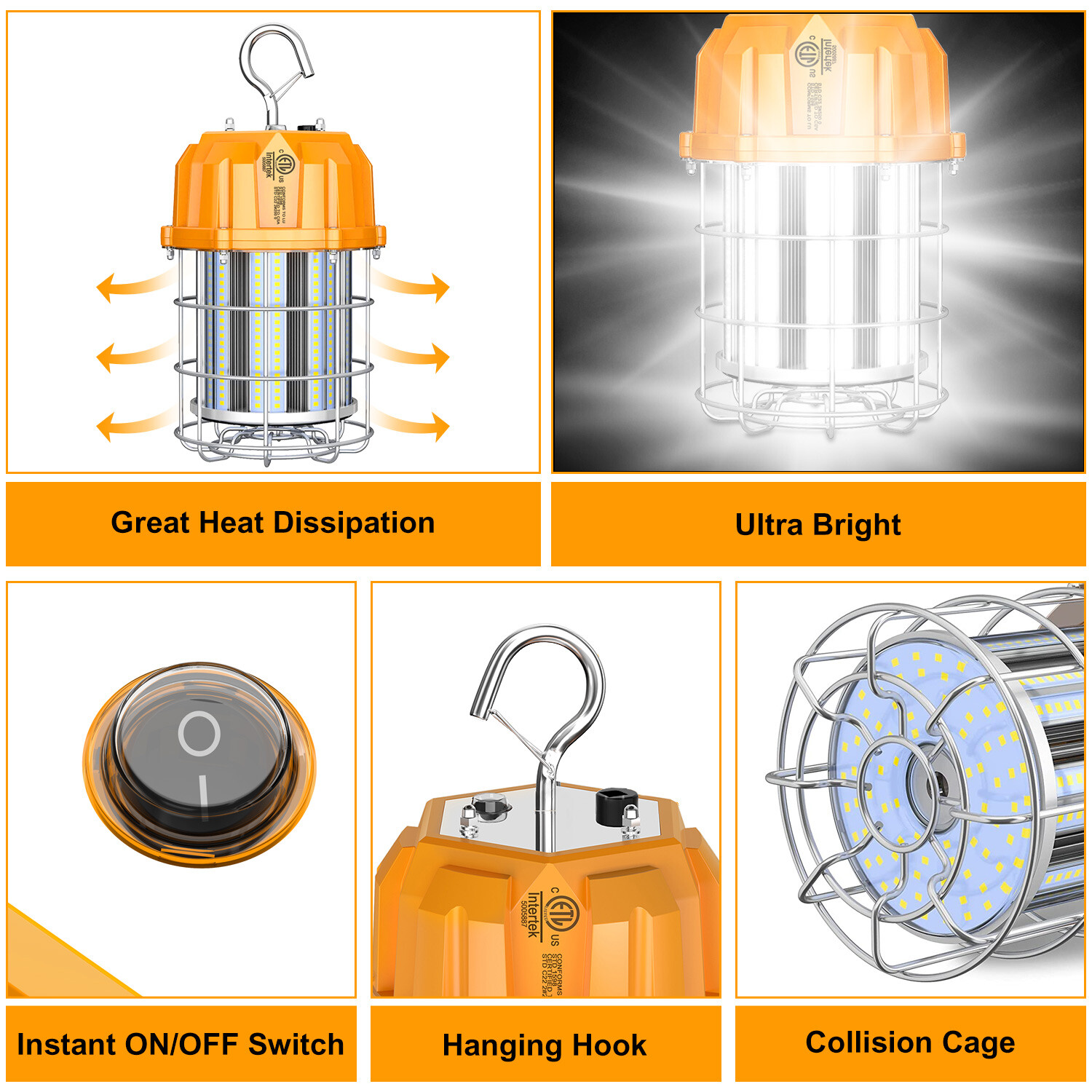 80W LED Temporary Work Light Fixture 100-277VAC High Bay Construction Work Light