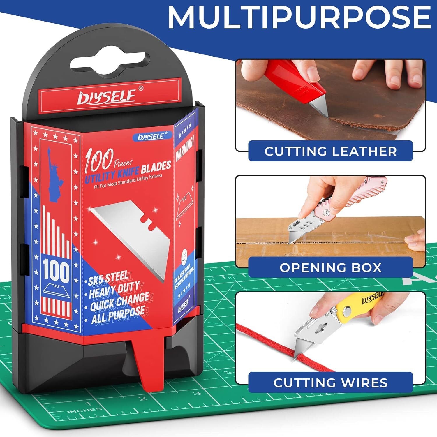 Utility Knife Blades 100 Pack, Box Cutter Blades Refills with Dispenser, Razor B