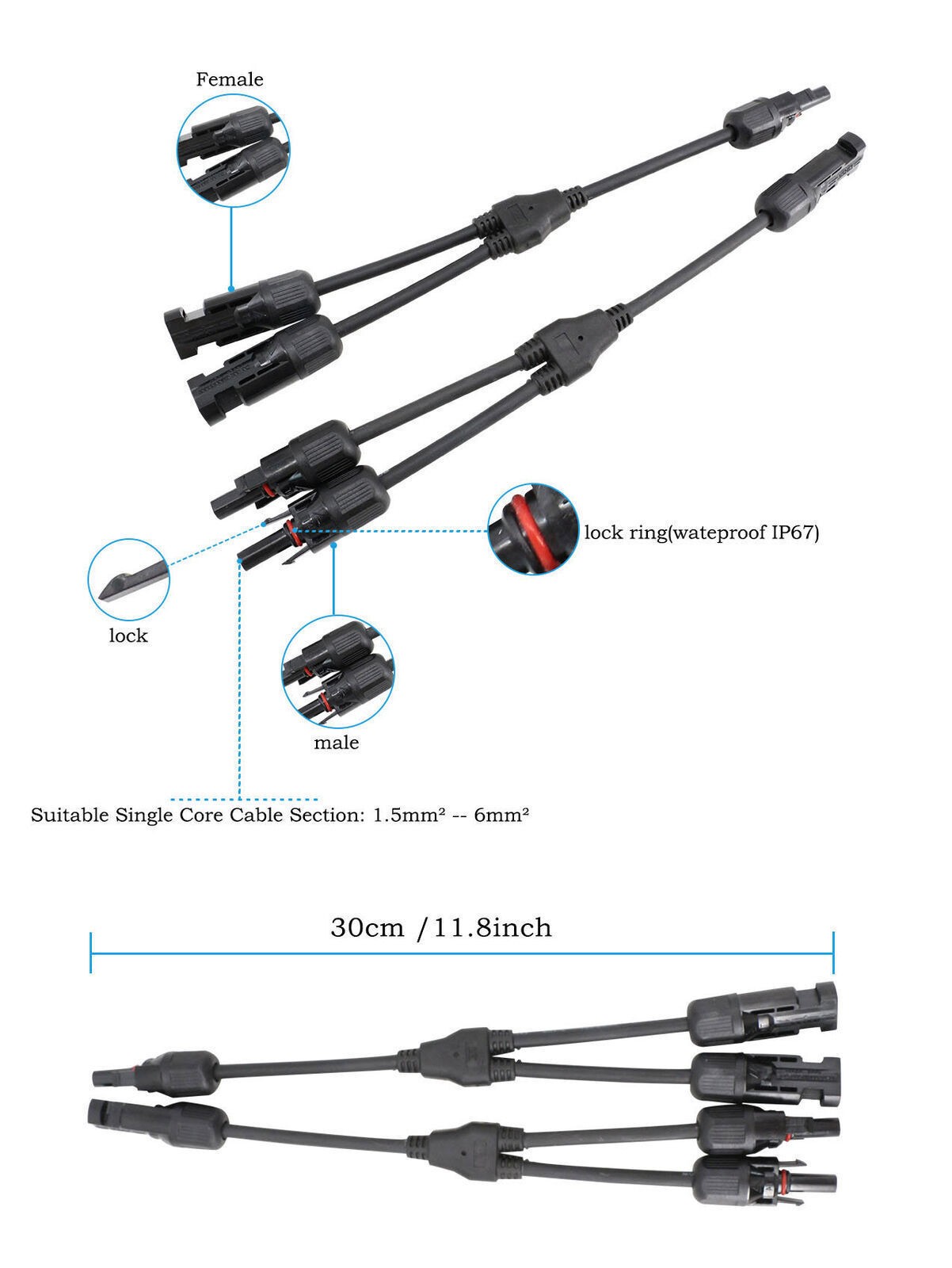 Solar Panel Connectors Waterproof Y Branch Parallel Adapter Cable Wire Plug USA