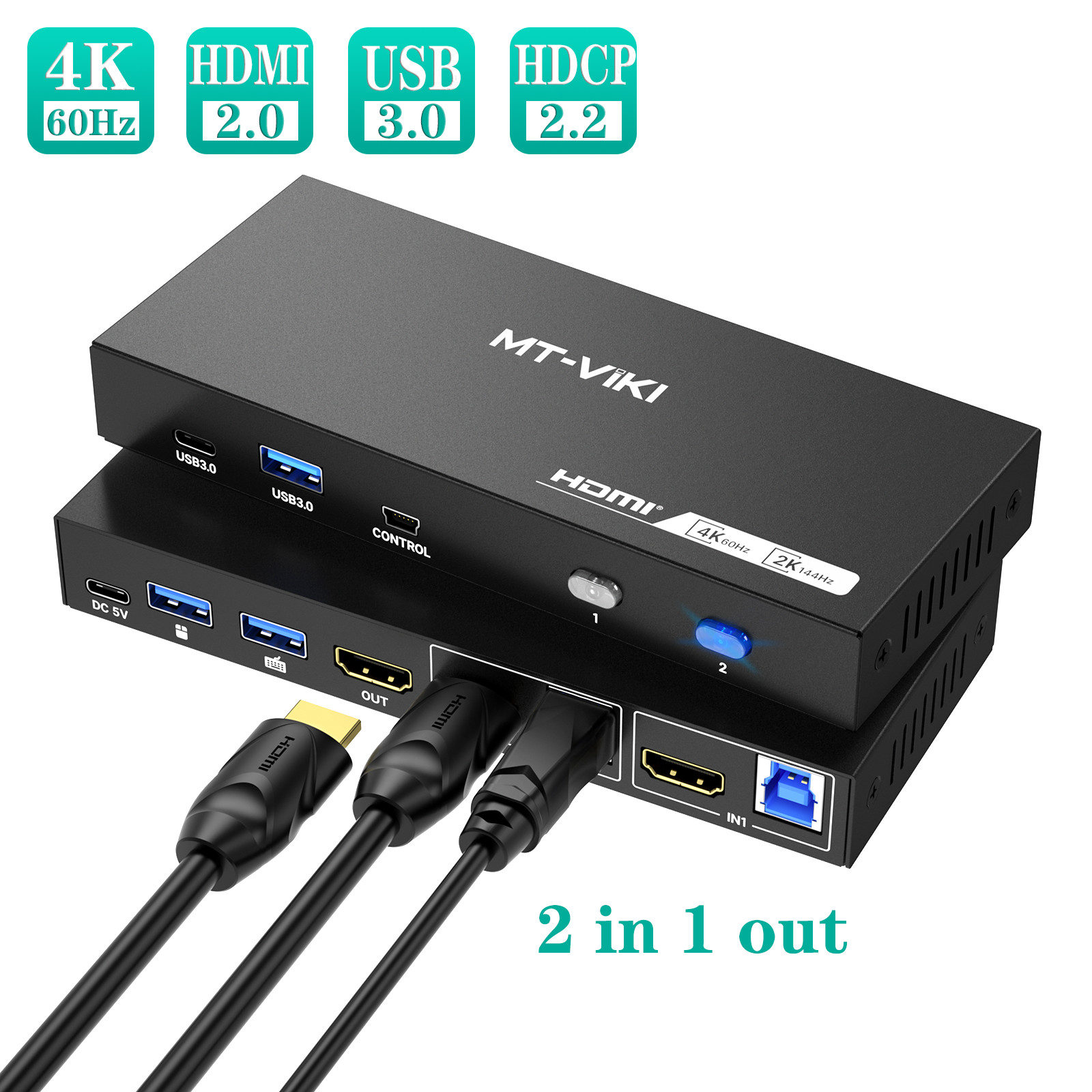 MT-VIKI 4K@60Hz HDMI KVM Switch 2 Port USB 3.0 KVM Switcher Box for 2 Computers