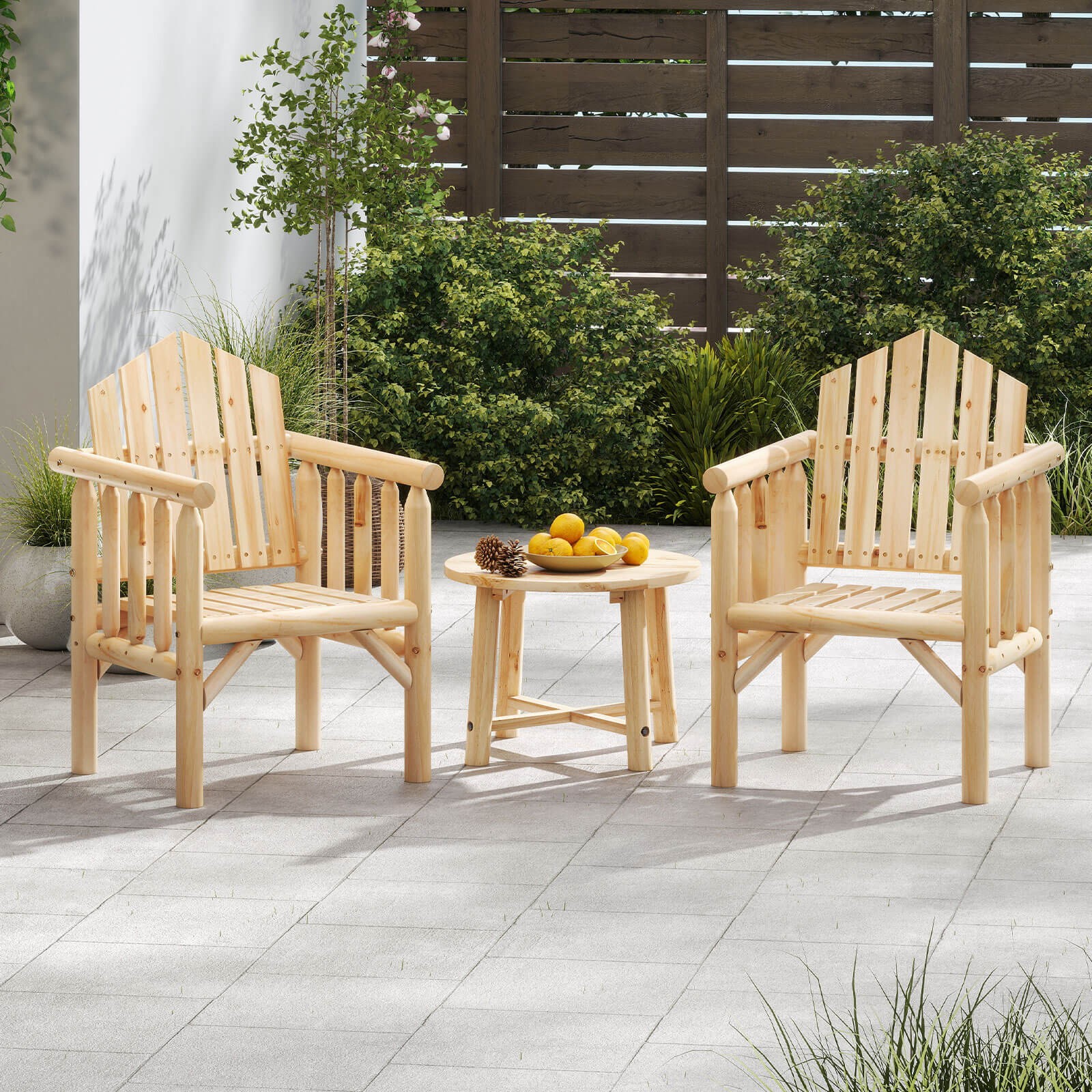 Outdoor Wood Armchair w/Armrests and Reclined High Backrest for Porch, Backyard