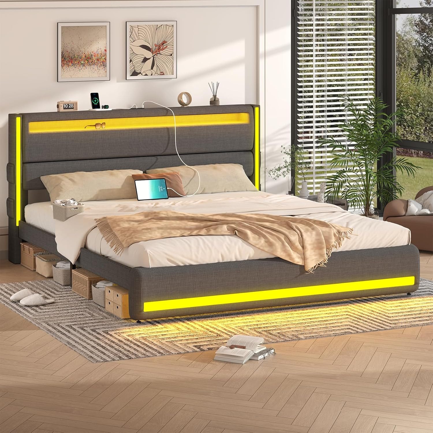 King Size Bed Frame and Adjustable Headboard, Light up King Size Platform Bed Fr