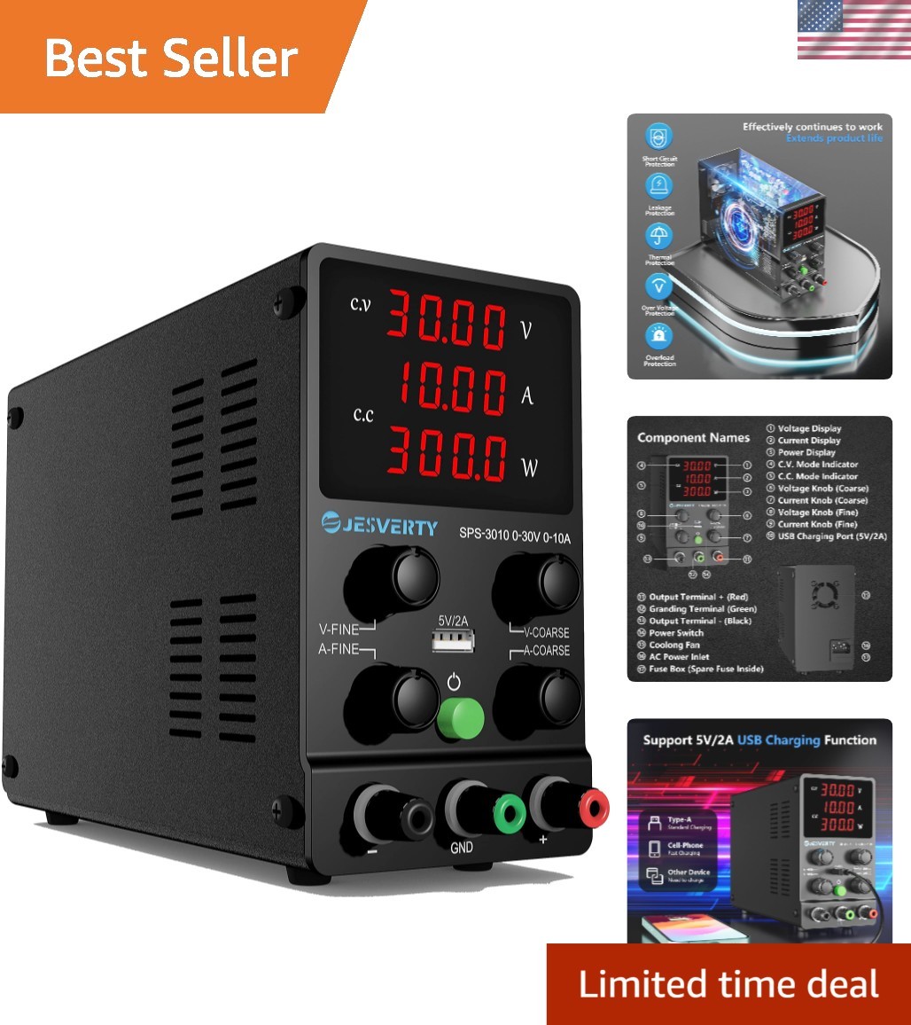 Versatile Adjustable DC Power Supply 0-30V 10A with 5V USB and Real-Time Display