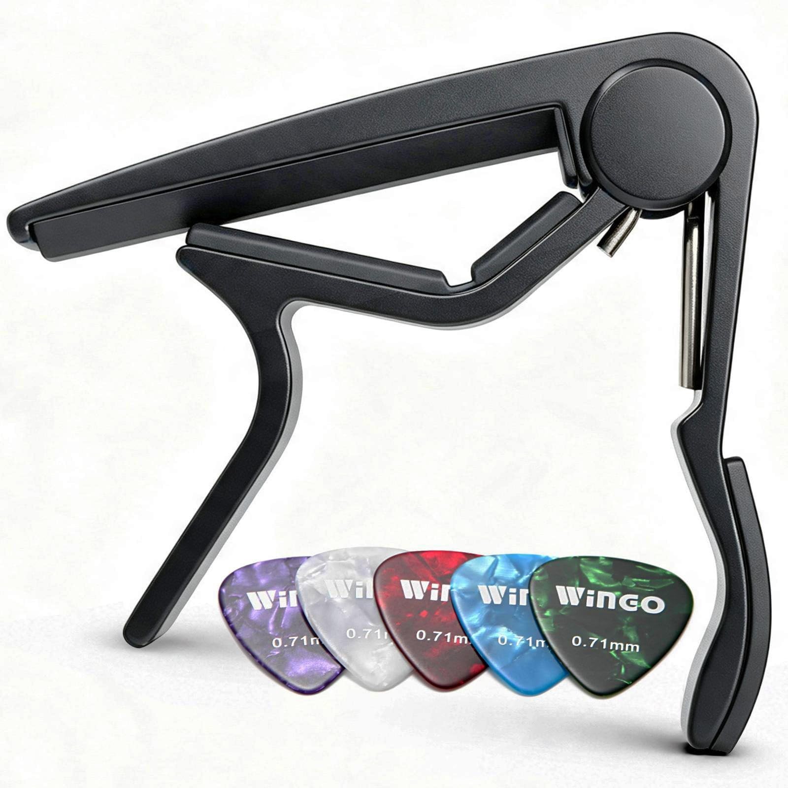 WINGO Flat Guitar Capo for Classical Guitars- Black with 5 Picks | Longer Rub...