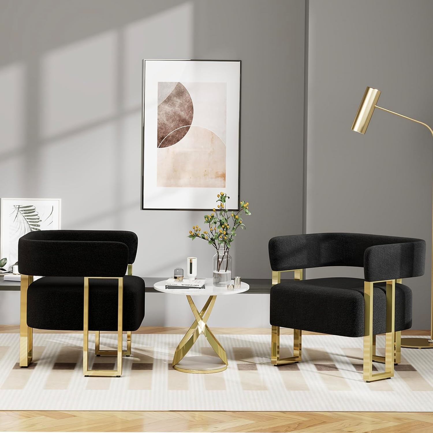 Modern Black and Gold Accent Chair Set of 2 Boucle Bucket Arm Chairs Bedroom