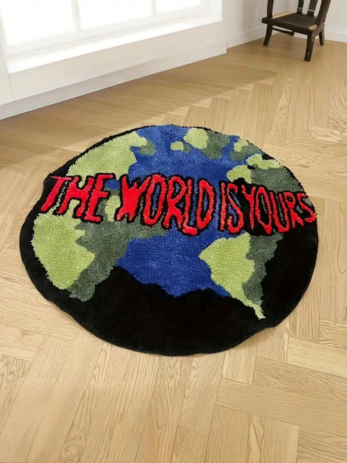 Velvet Carpet Earth Pattern with "The World Is Yours" Quote for Home Decor