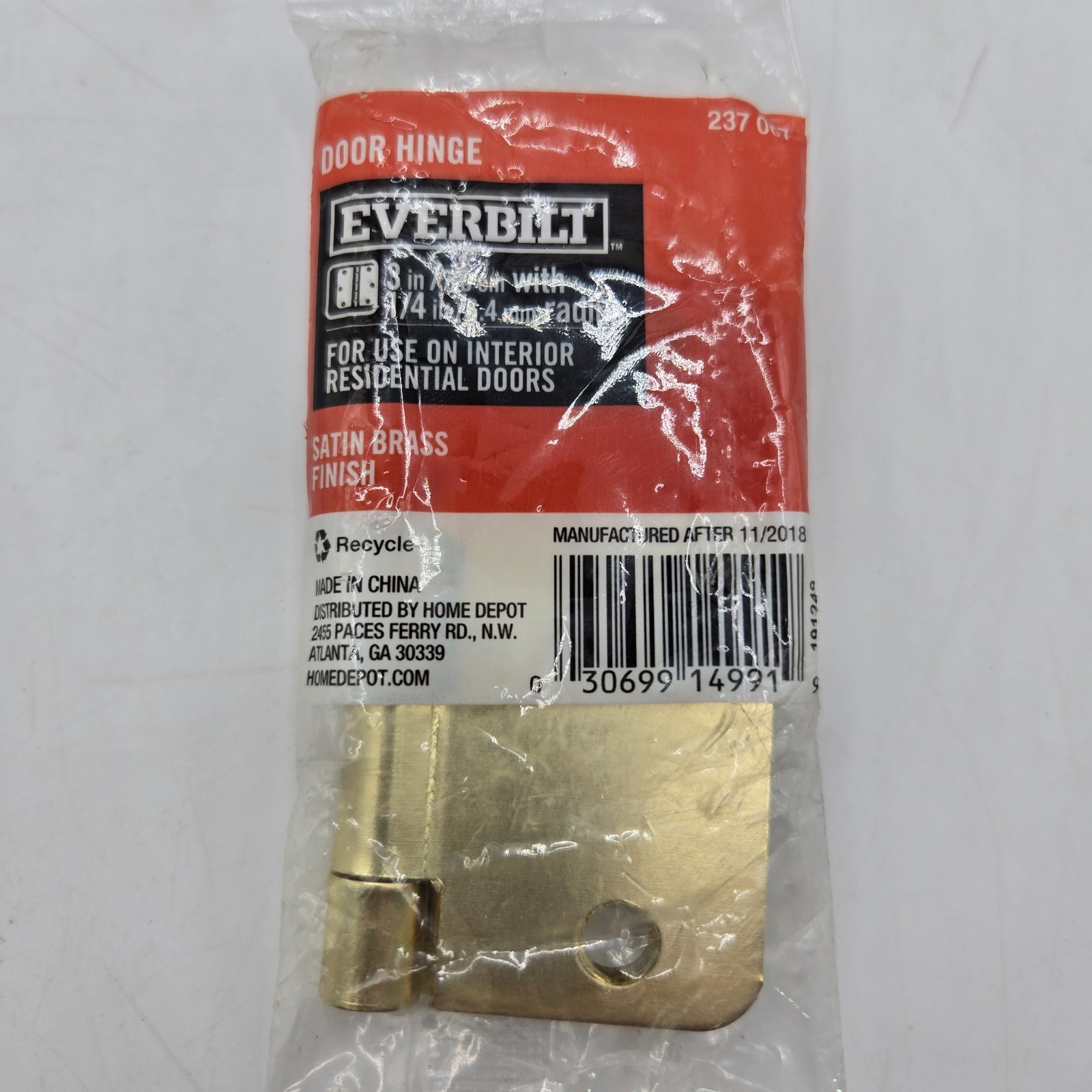 Everbilt 237067 Door Hinge 3" & 1/4" Radius Satin Brass Finish Interior NEW