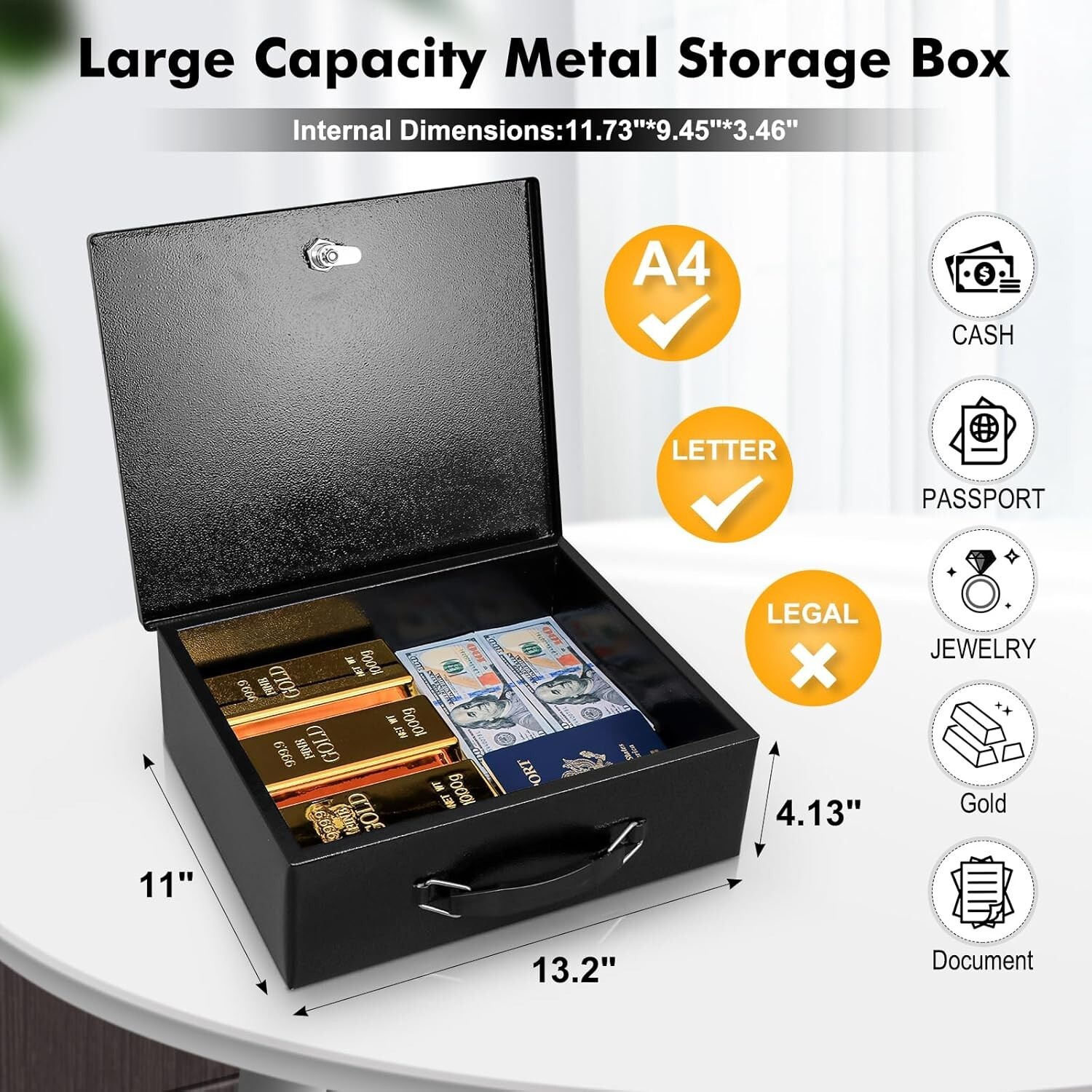 Fireproof Document Box with Key Lock, Large Safe Chest for Valuables, Portable