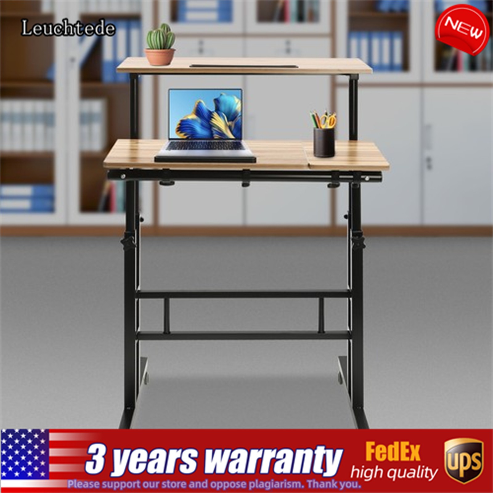 Rolling Laptop Desk Adjustable Height Computer Table Stand up Office Workstation