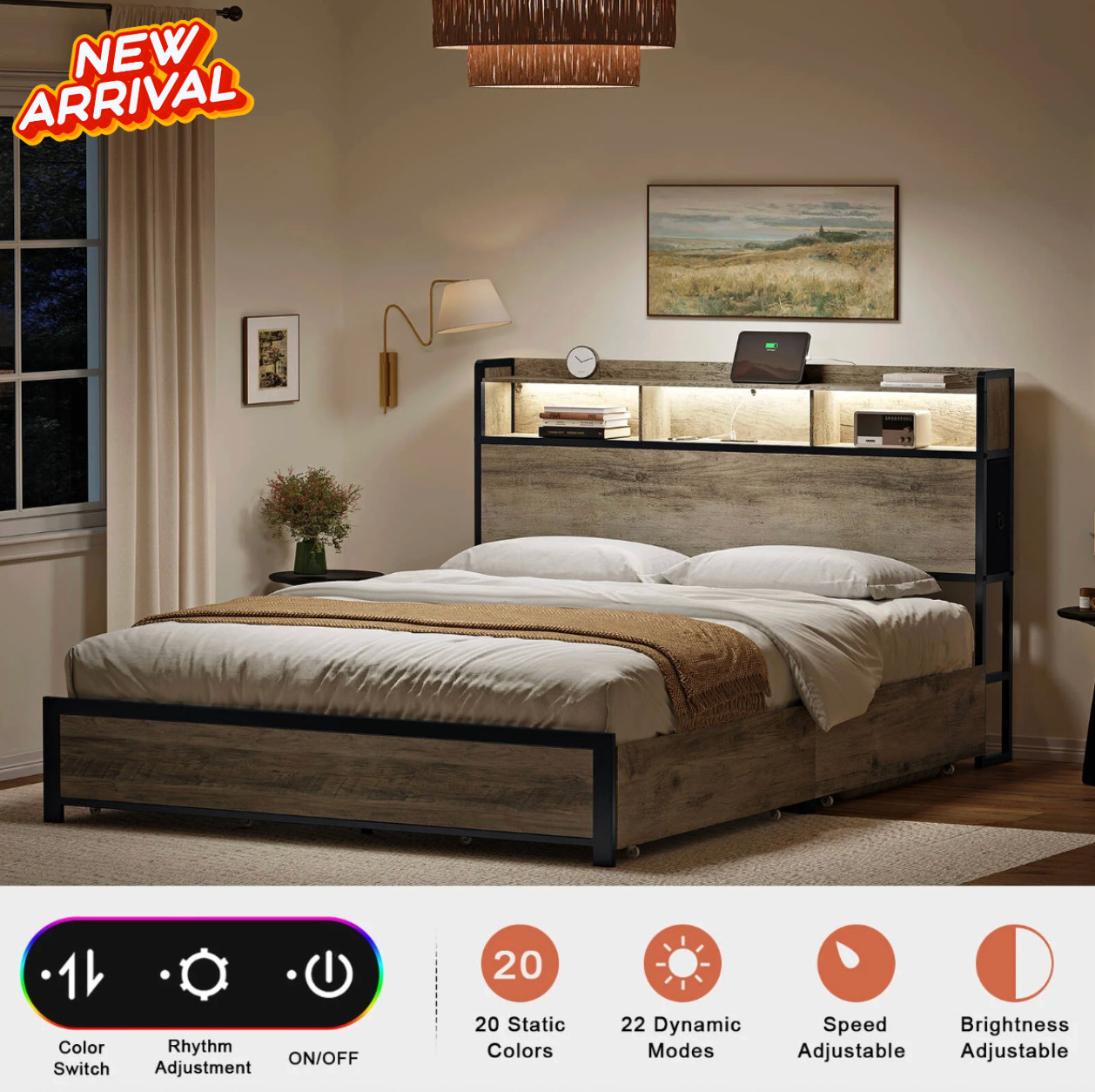 Marco De Cama Plataforma Con Cajones y Cabecera Con Almacenaje LED Luz Queen