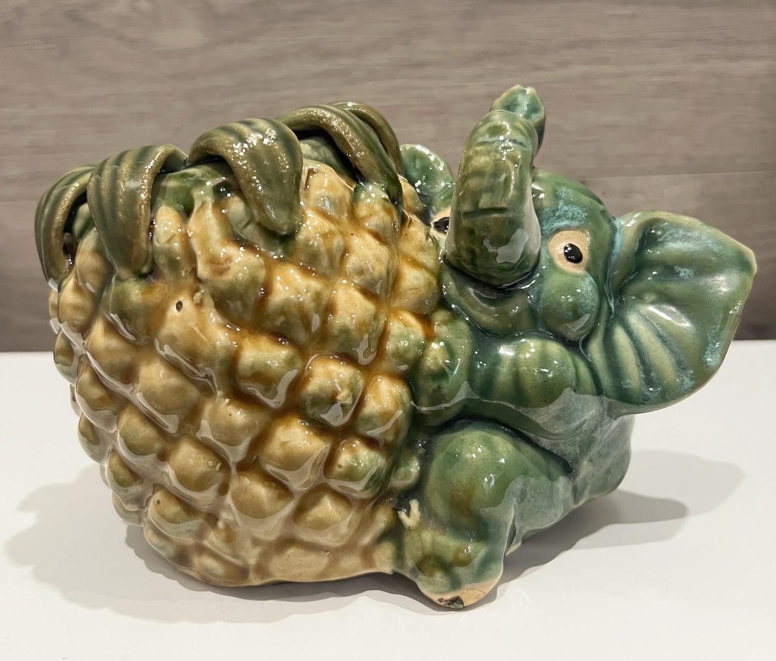 Green Ceramic Asian Lucky Elephant w/Pineapple Fruit Planter 1960s/1970s