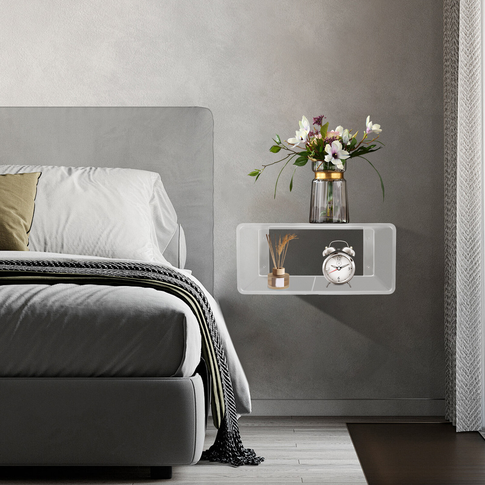 2Tiers Clear Acrylic Wall-Mounted Bedside Table Rectangular Floating Nightstand