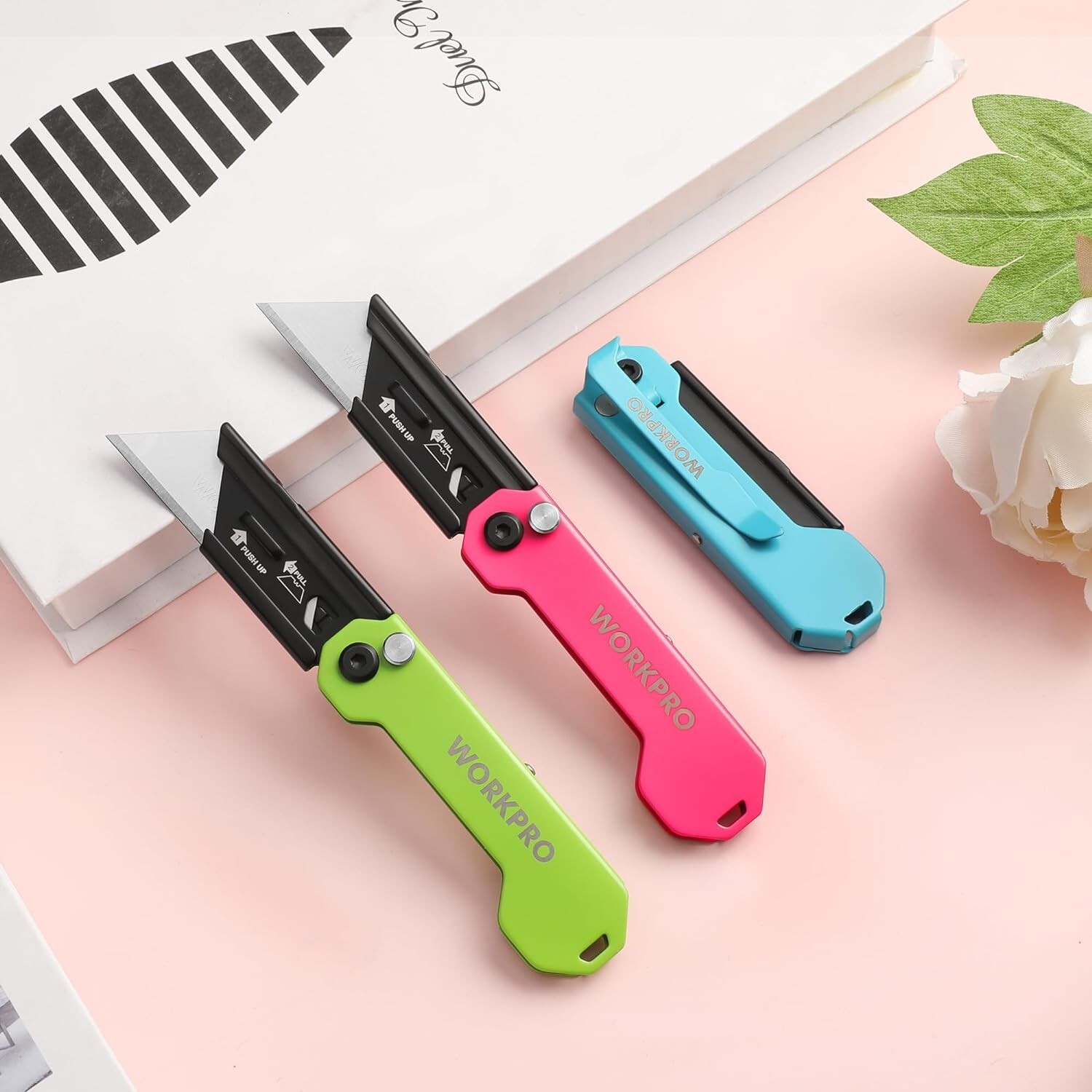 WORKPRO 3PCS Folding Utility Knife Mini Box Cutter Axis Lock Quick-change Blades