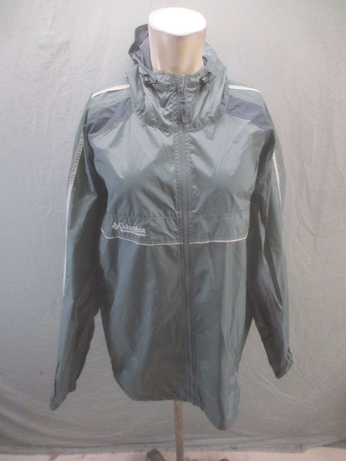 Columbia Size L Men Gray Drawcord Hem Pockets Hooded Outdoor Zip Windbreaker 943