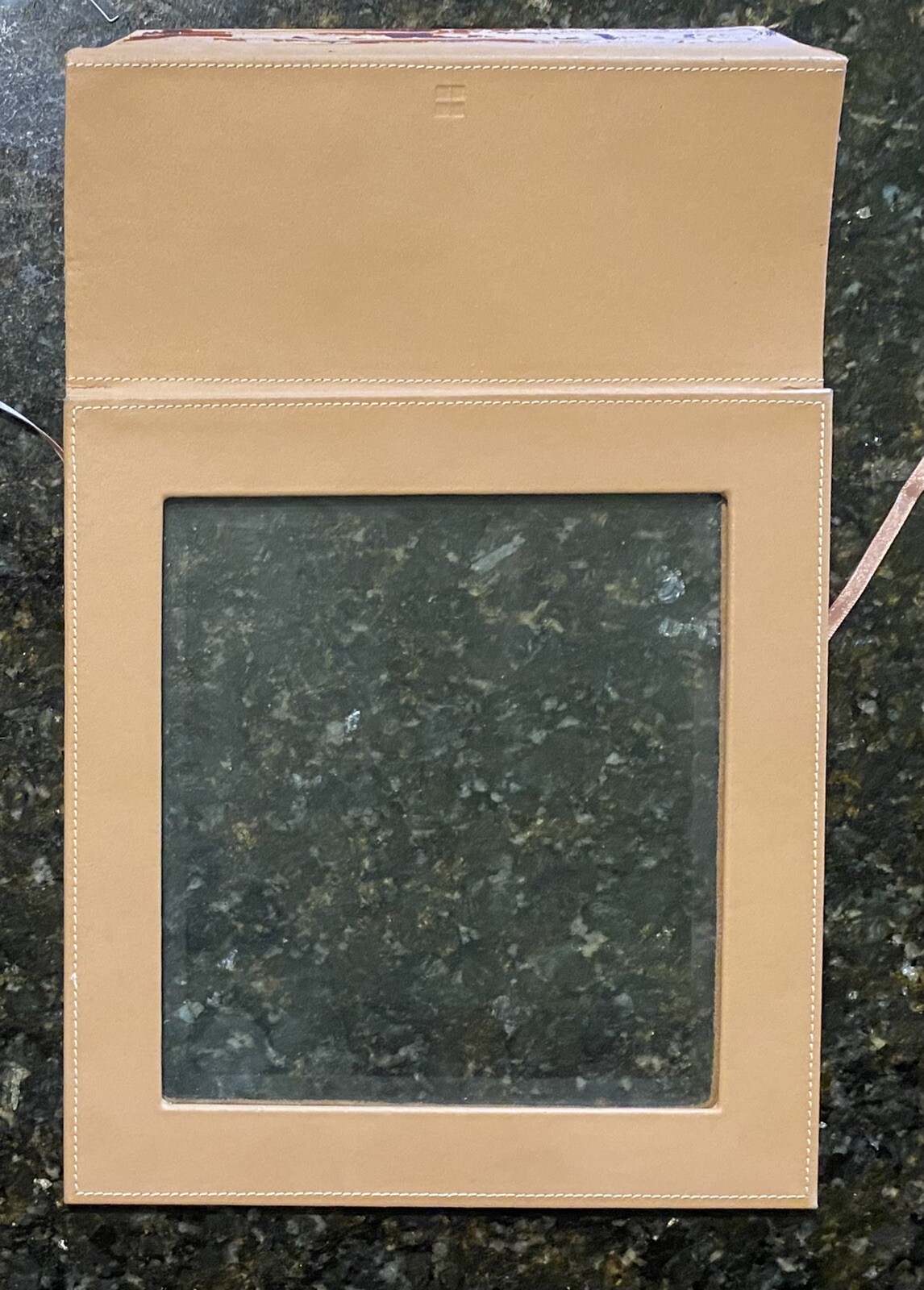 Beveled glass brown leather trimmed frame lid cover 10.5” X 11” -parts For Craft