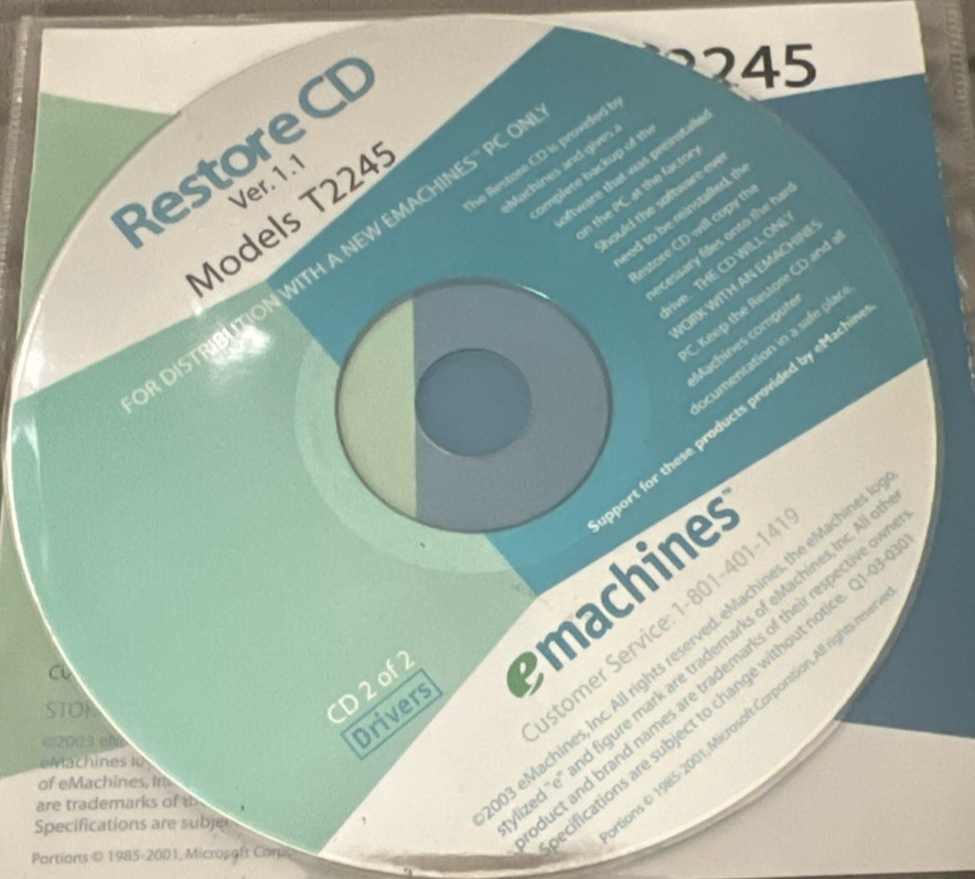 eMachines Restore CD T2245 Version 1.1 Models T2245- 2 Disc Set for Desktop PC