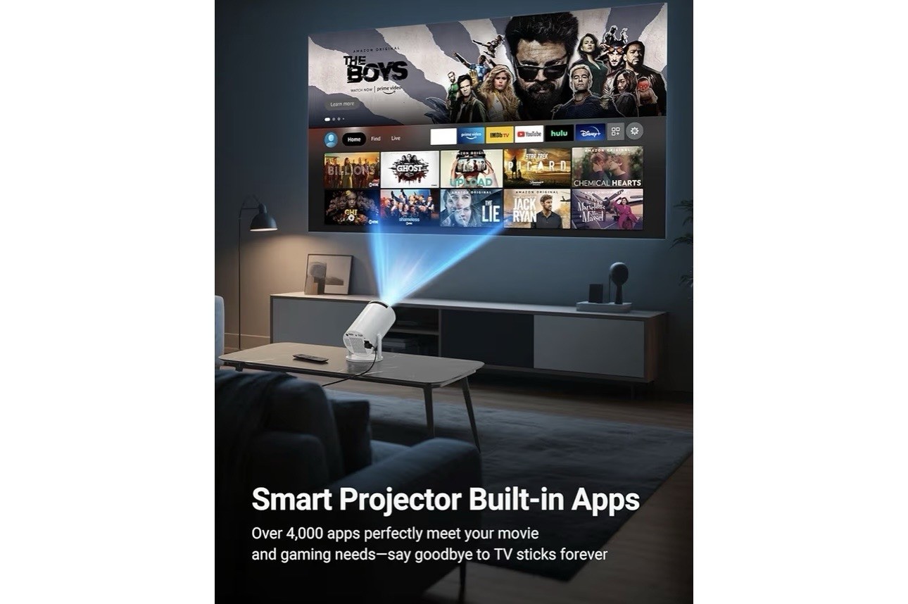 Smart 4K Desktop Projector WiFi 6.0 Android Auto Keystone Built-in Apps White