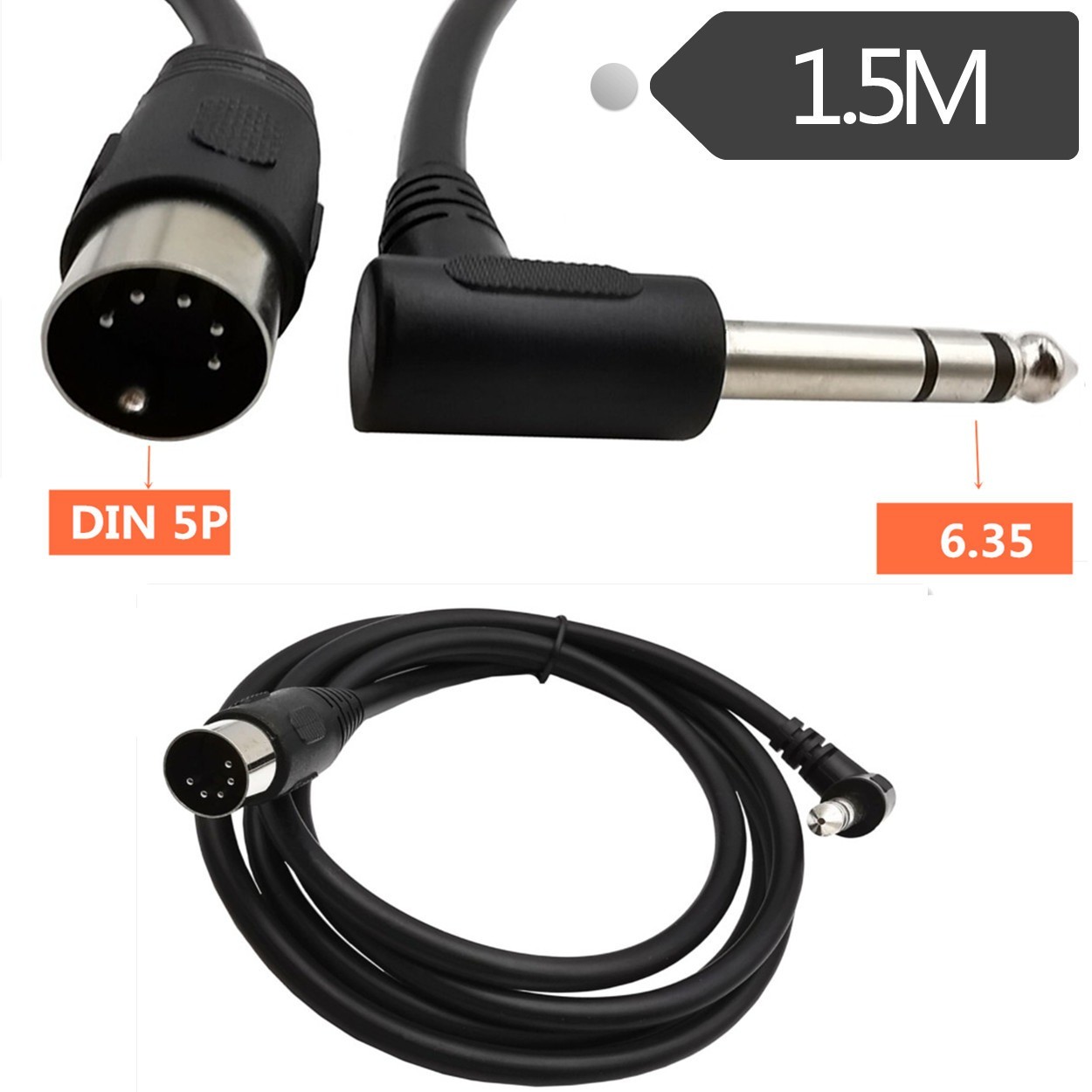 MIDI Din 5Pin Male to Monoprice 6.35mm 1/4" Male TRS Stereo Audio Cable 1.5m