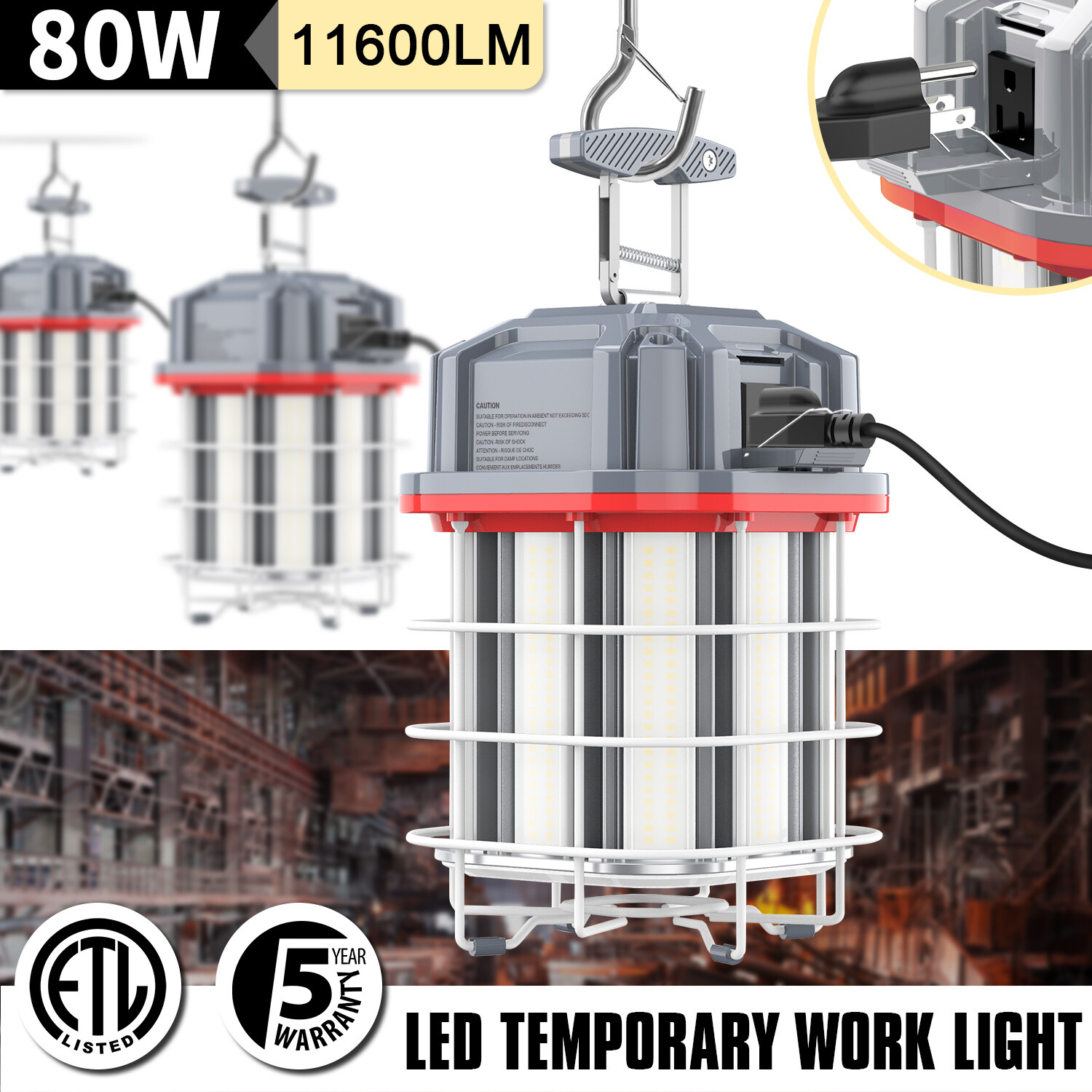 Temporary Work Light 80W LED Construction Lamp Guard Hanging for Workshop 5000K