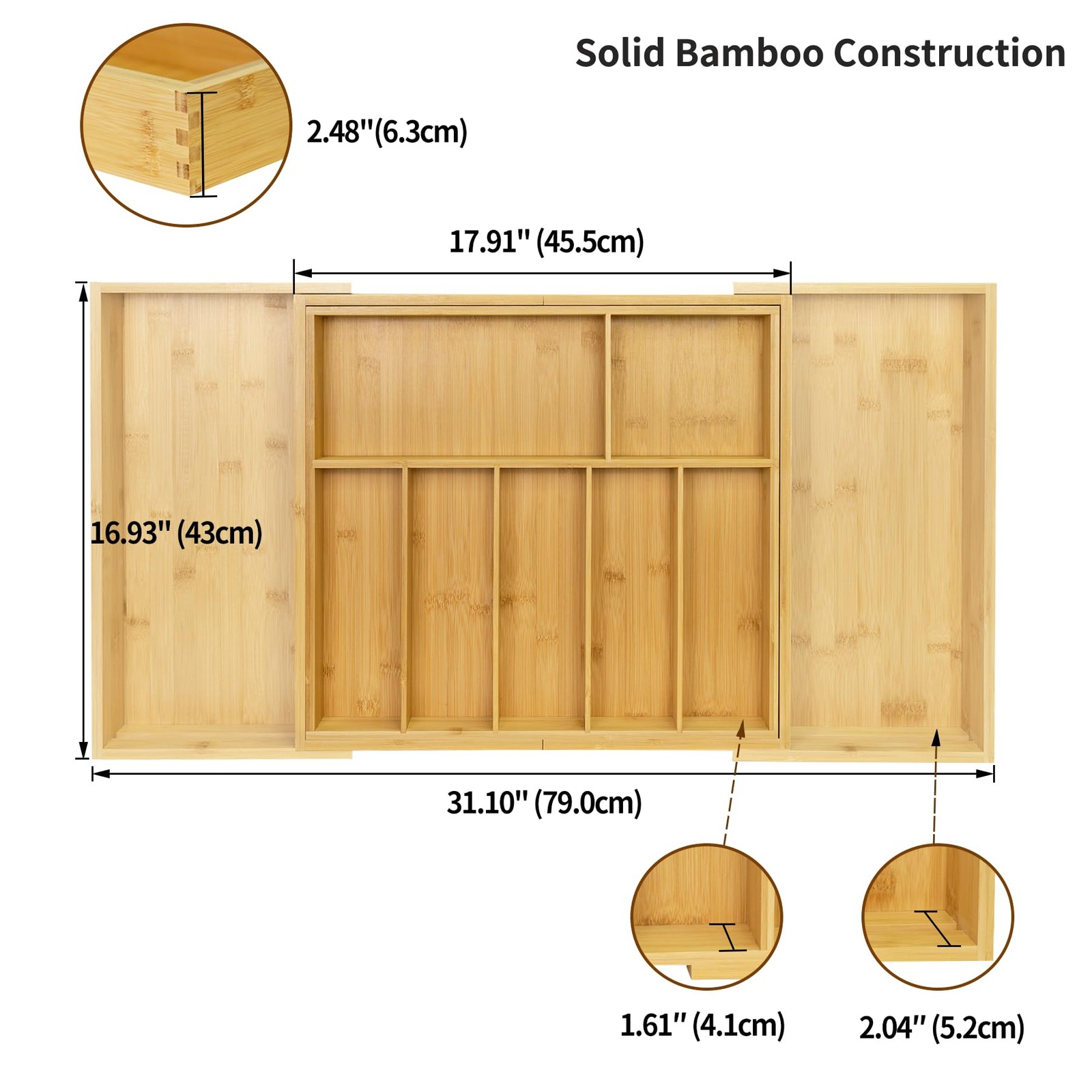 Utoplike Extra Large Kitchen Drawer Organizer, Solid Bamboo Natural