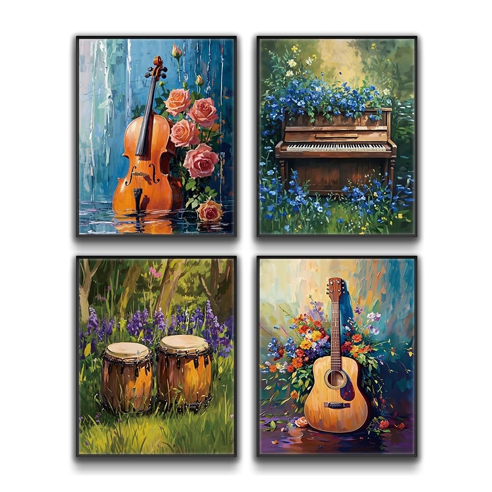 Retro Music Wall Art Decor Watercolor Botanical Canvas Print Musical Instrument