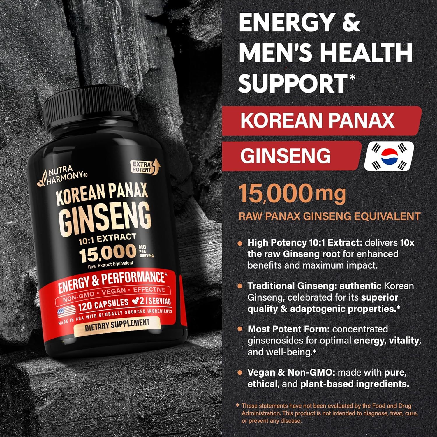 Panax Ginseng 15,000 Mg - Red Korean Ginseng Supplement for Men - Extra Strength