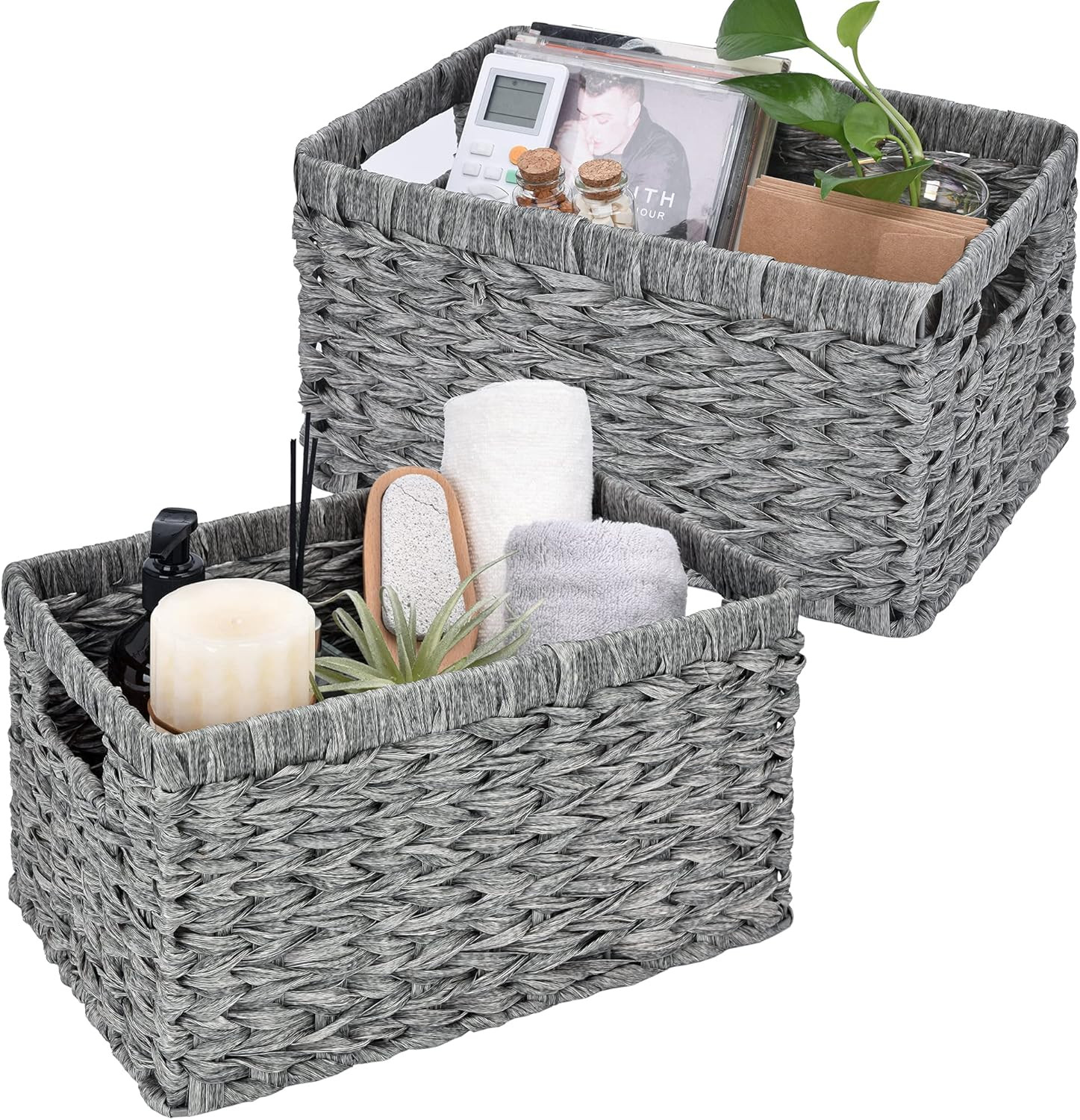 Wicker Baskets with Handles - Gray Storage Baskets (2-Pack) for Organizing Cabin