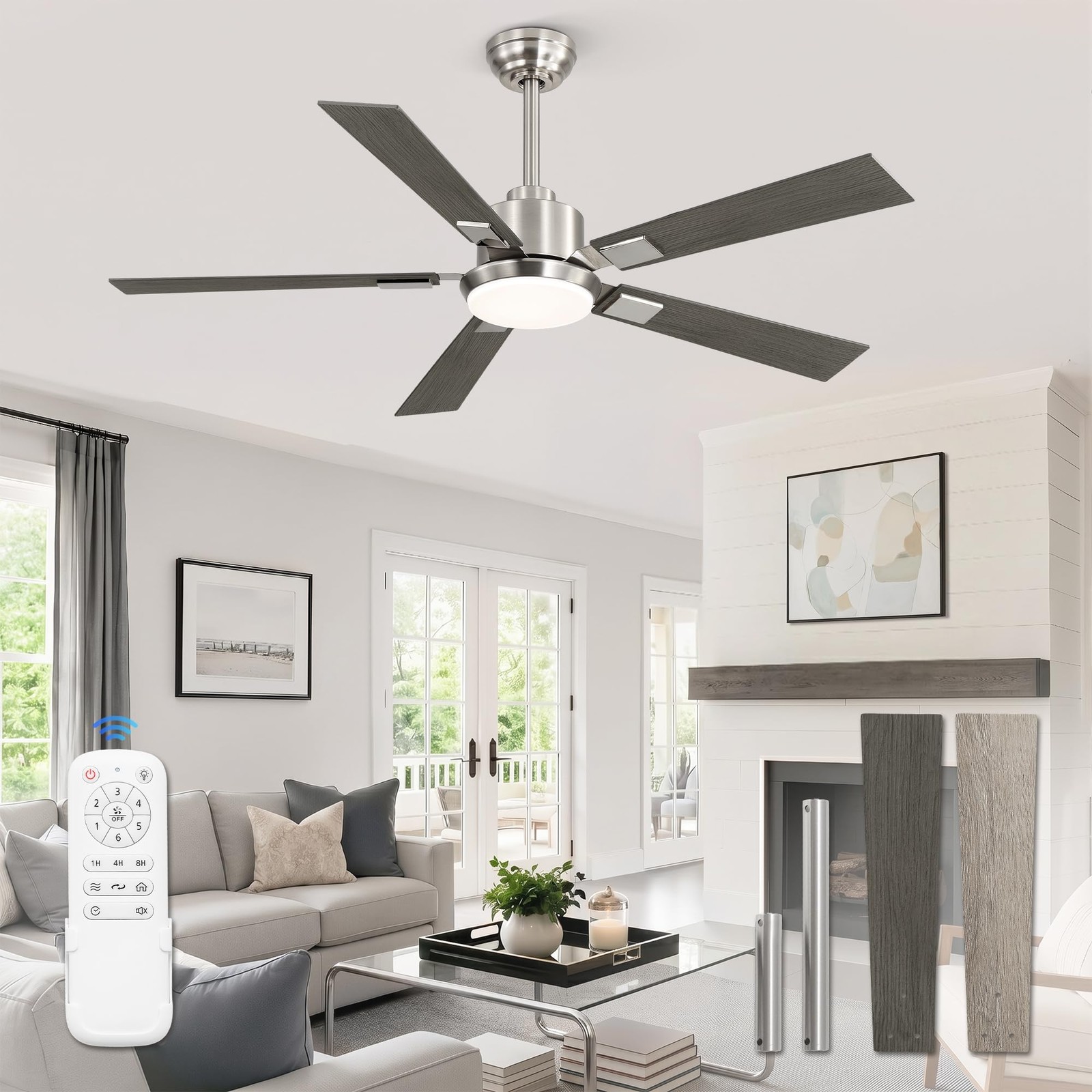 52” Modern Ceiling Fan with Light, Remote Control, Brushed Nickel