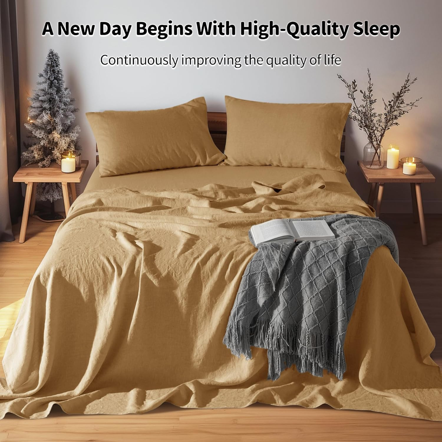 LBR02M 100% Linen Sheet Set King Size,Bed Sheets 4 Piece Sets,Solid Color Natura