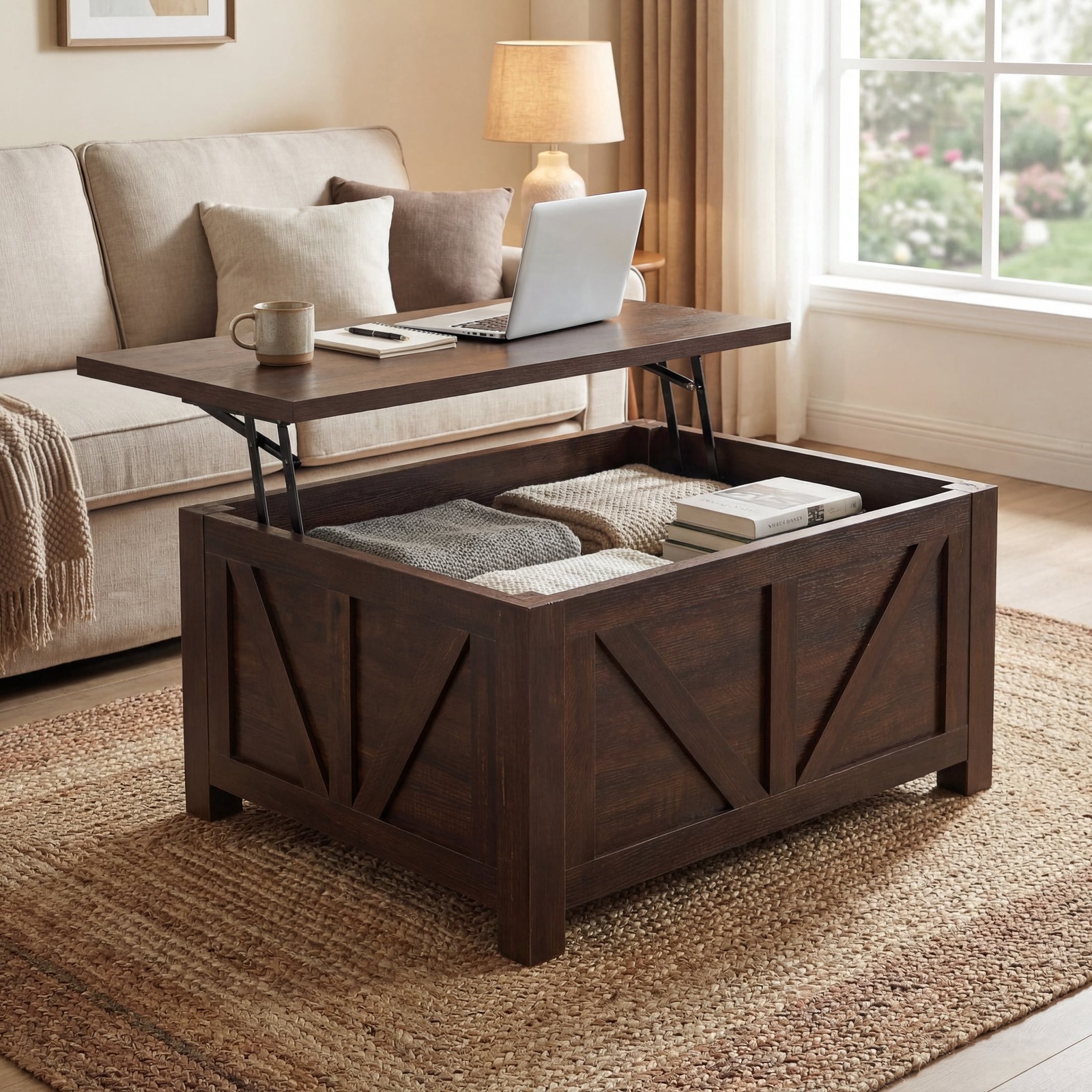 Farmhouse Square Wood Lift Top Coffee Table