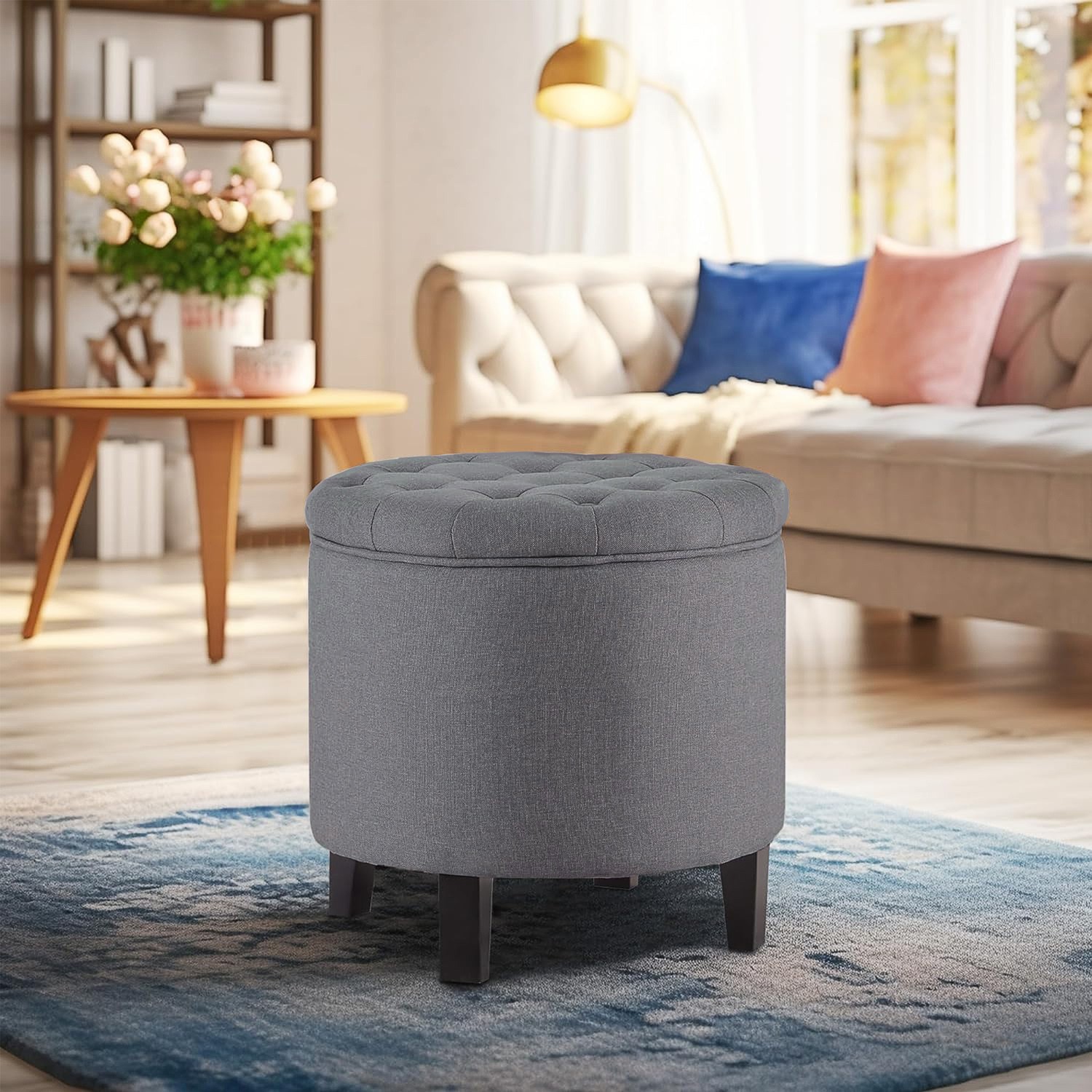 Classic Storage Ottoman Seat Nailhead Trim Large Round Tufted Table Tray, Gray